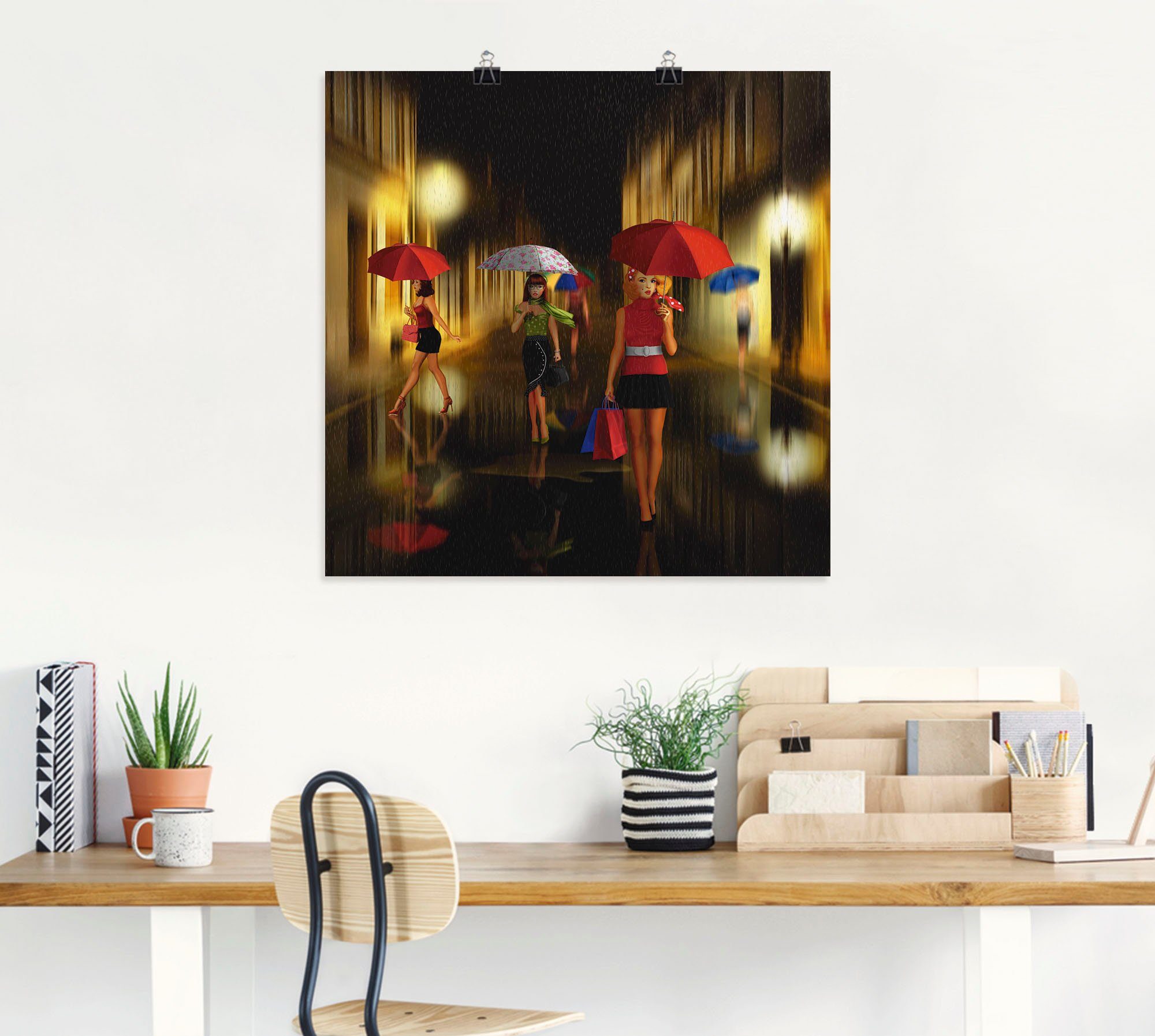 Artland Poster Frauen beim Einkaufen im Regen, Frau (1 St), ohne Rahmen