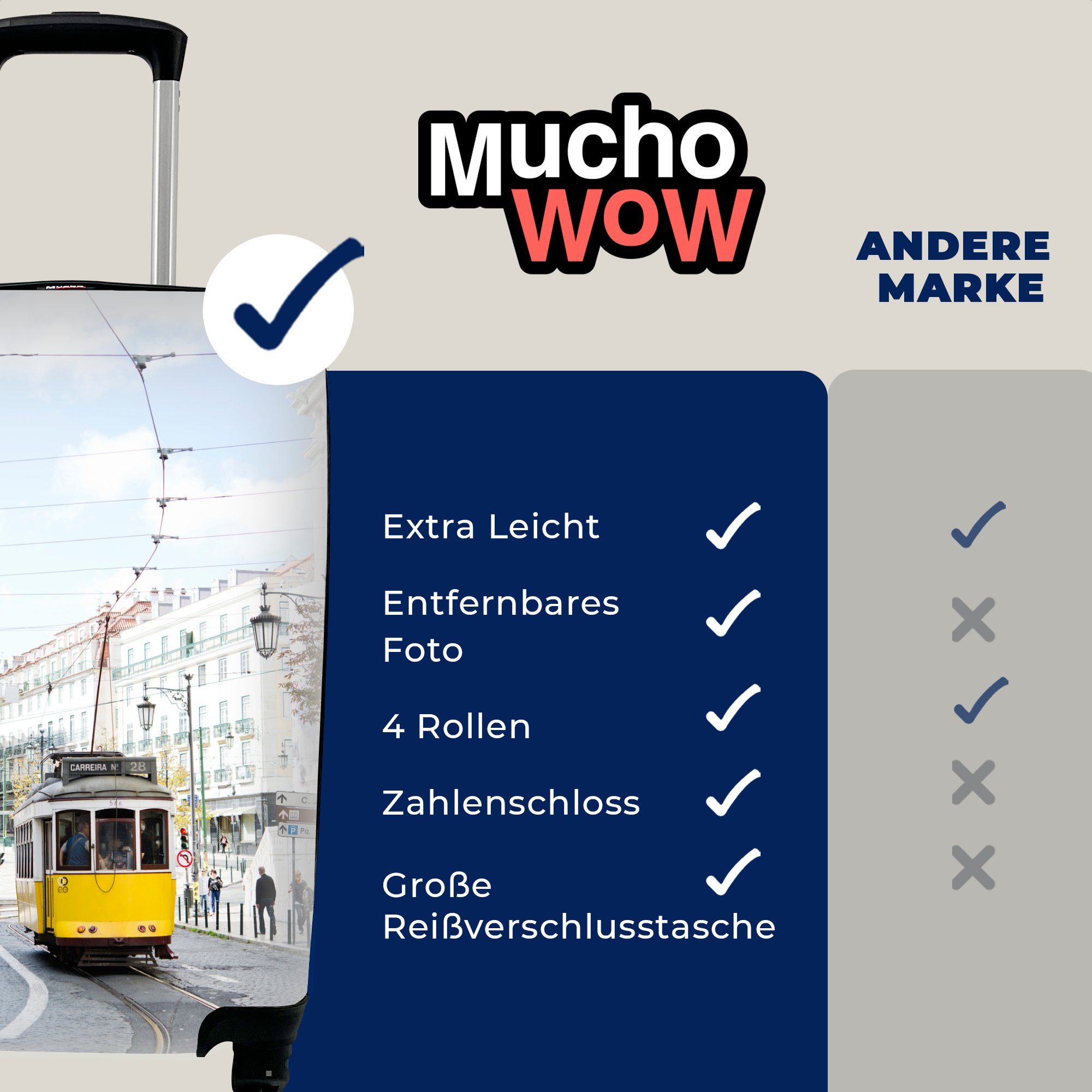MuchoWow Handgepäckkoffer Eine durch Reisetasche Rollen, Trolley, mit Seilbahn rollen, gelbe Handgepäck fährt 4 Ferien, mit Lissabon, für Straßenbahn Reisekoffer einer