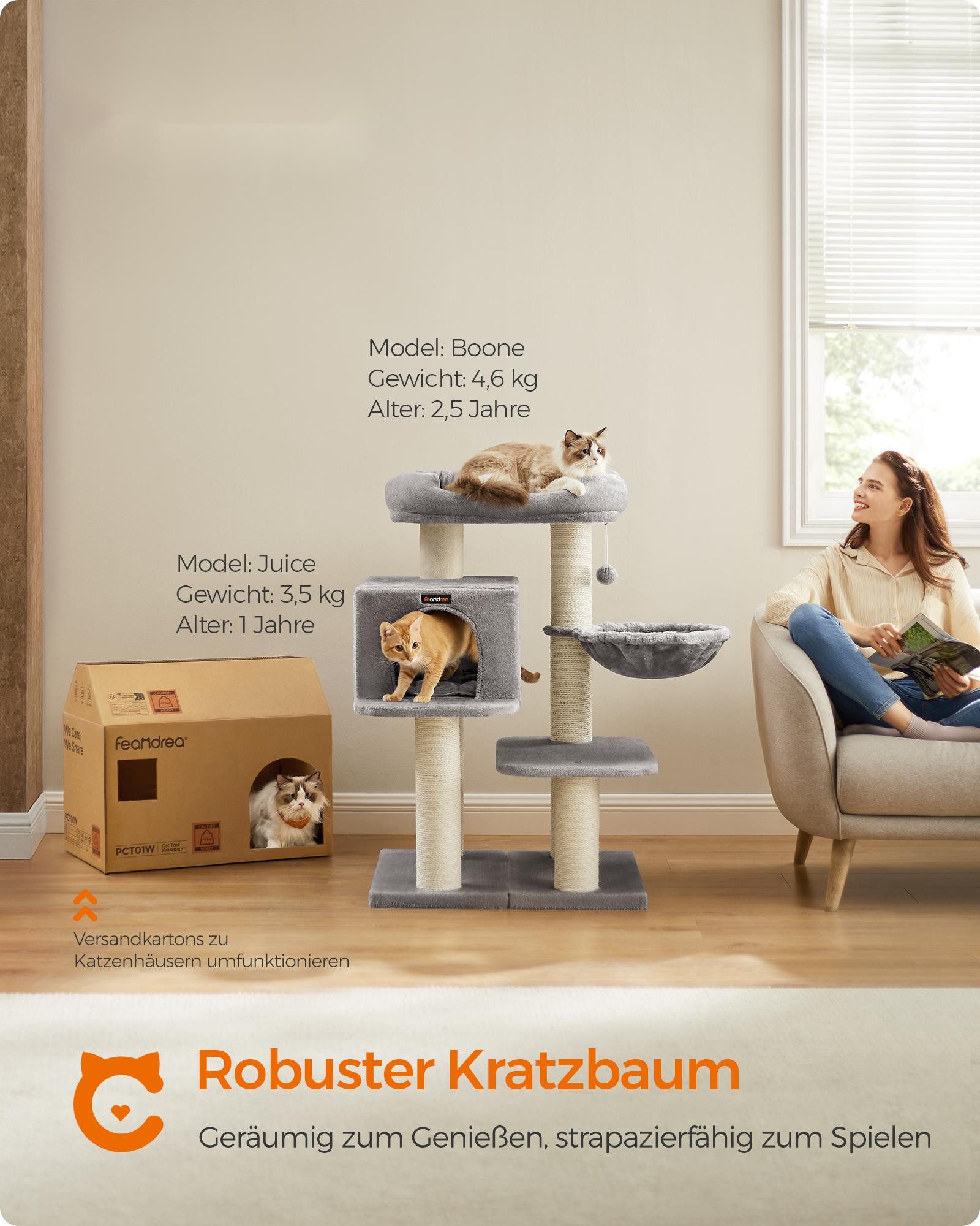 FEANDREA Kratzbaum hochbelastbar Katzenturm, abnehmbare, waschbare Kissen, 6 extra dicken Kratzsäulen, große Plattform, Höhle, Korb, XXL