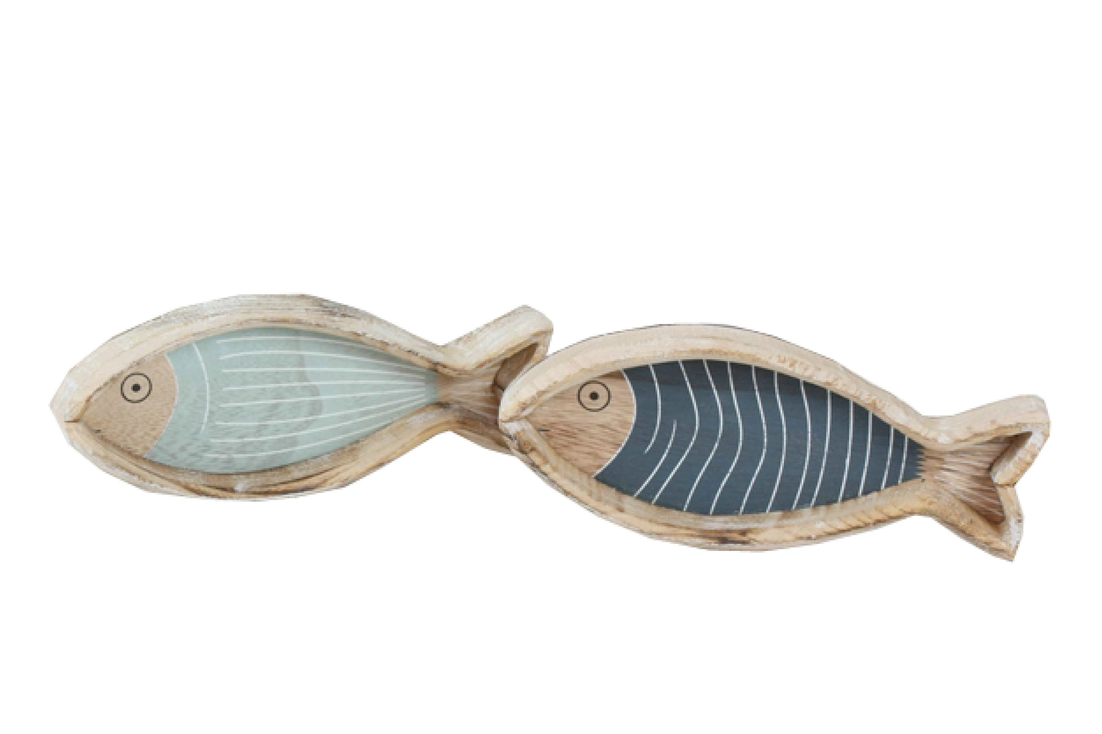 finehomegarden Dekofigur Fischschale Holz Fisch 2sort. Maritim 22x9cm natur/dkl. blau hellblau (2 St), Mediterran Sommer Dekoration / Paket