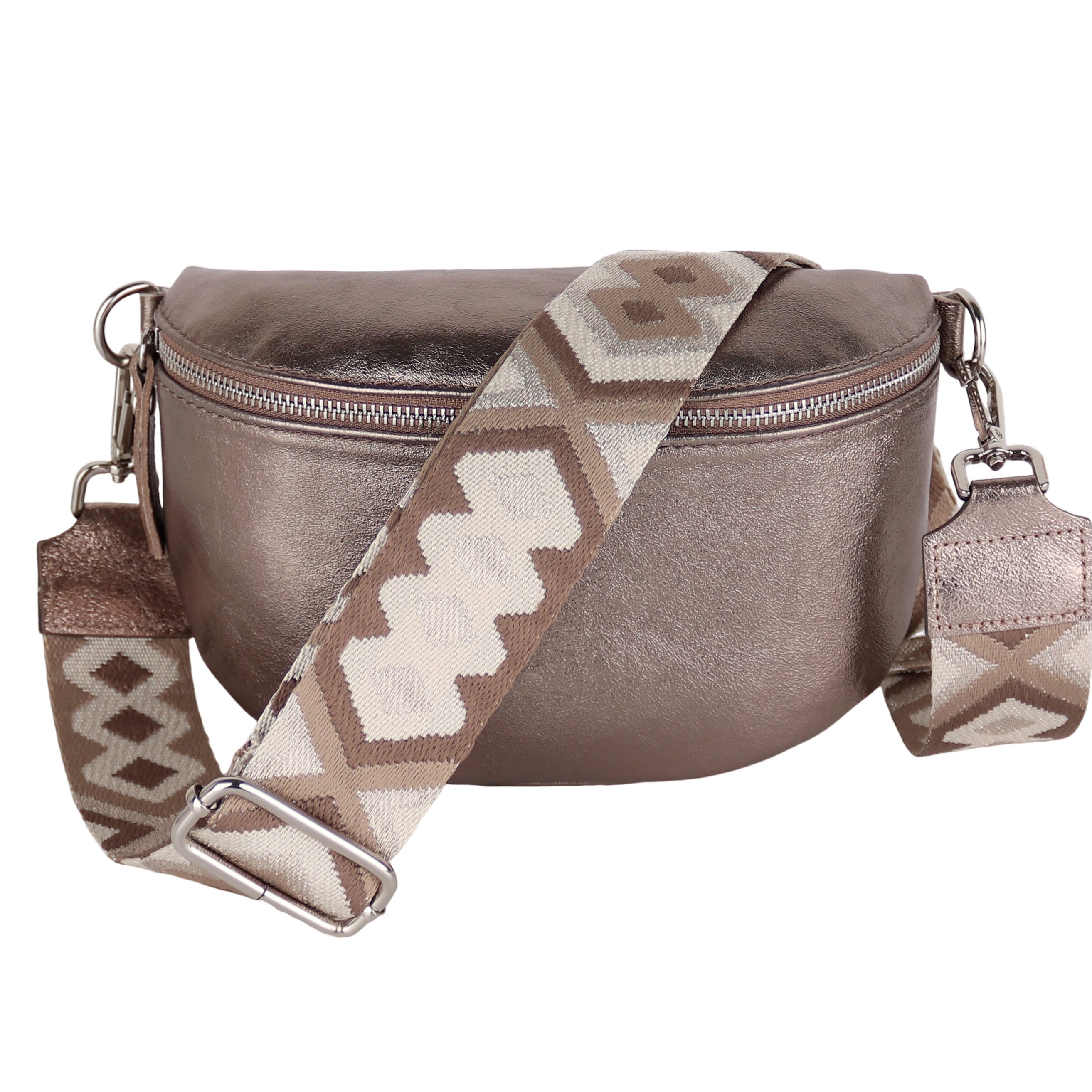 MIRROSI Bauchtasche Damen, Echtleder, Leder, Made in Italy, Umhängetasche, Brusttasche, (Schultertasche für jeden Anlass (1 Tasche & 1 / 2 Gurte), METALIC Gold Silber Crossbody Bag, verstellbare Schulterriemen