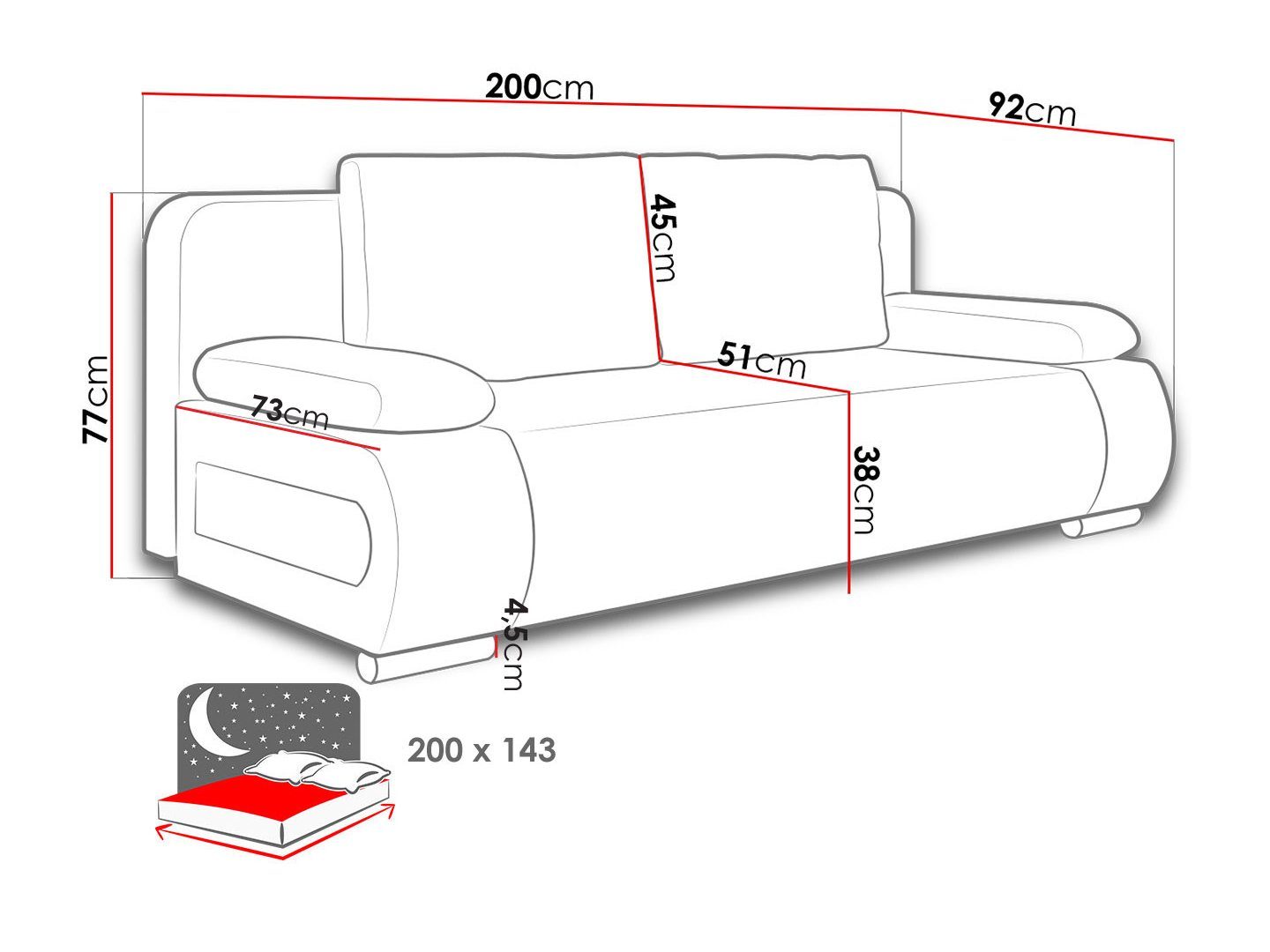 mit Bettkasten, 3-Sitzer MIRJAN24 Emma, Schlaffunktion Aufklappbares, Freistehendes, Schlafsofa und