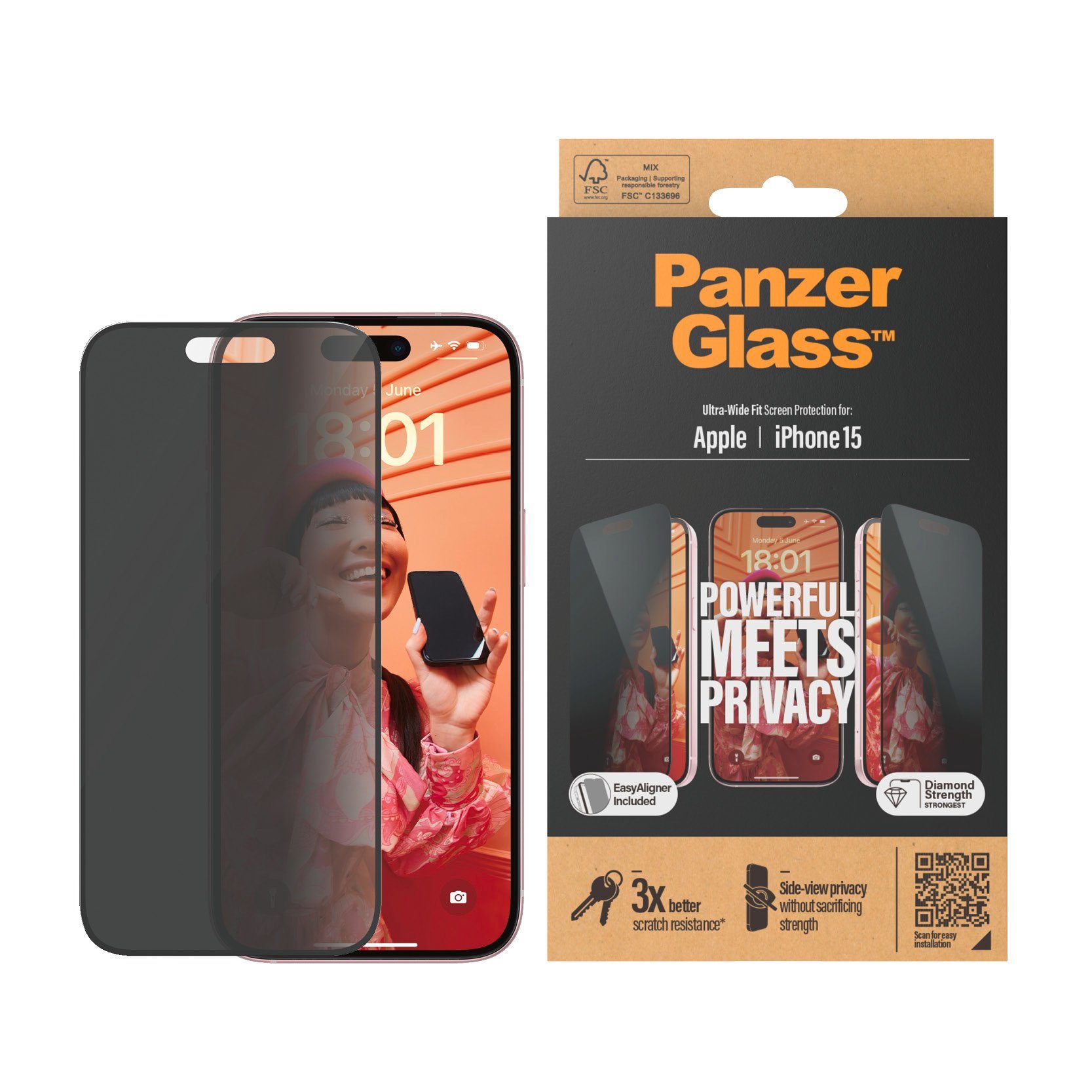 PanzerGlass Displayschutzglas Privacy Screen Protector Glass für iPhone 15, Ultra Wide Fit
