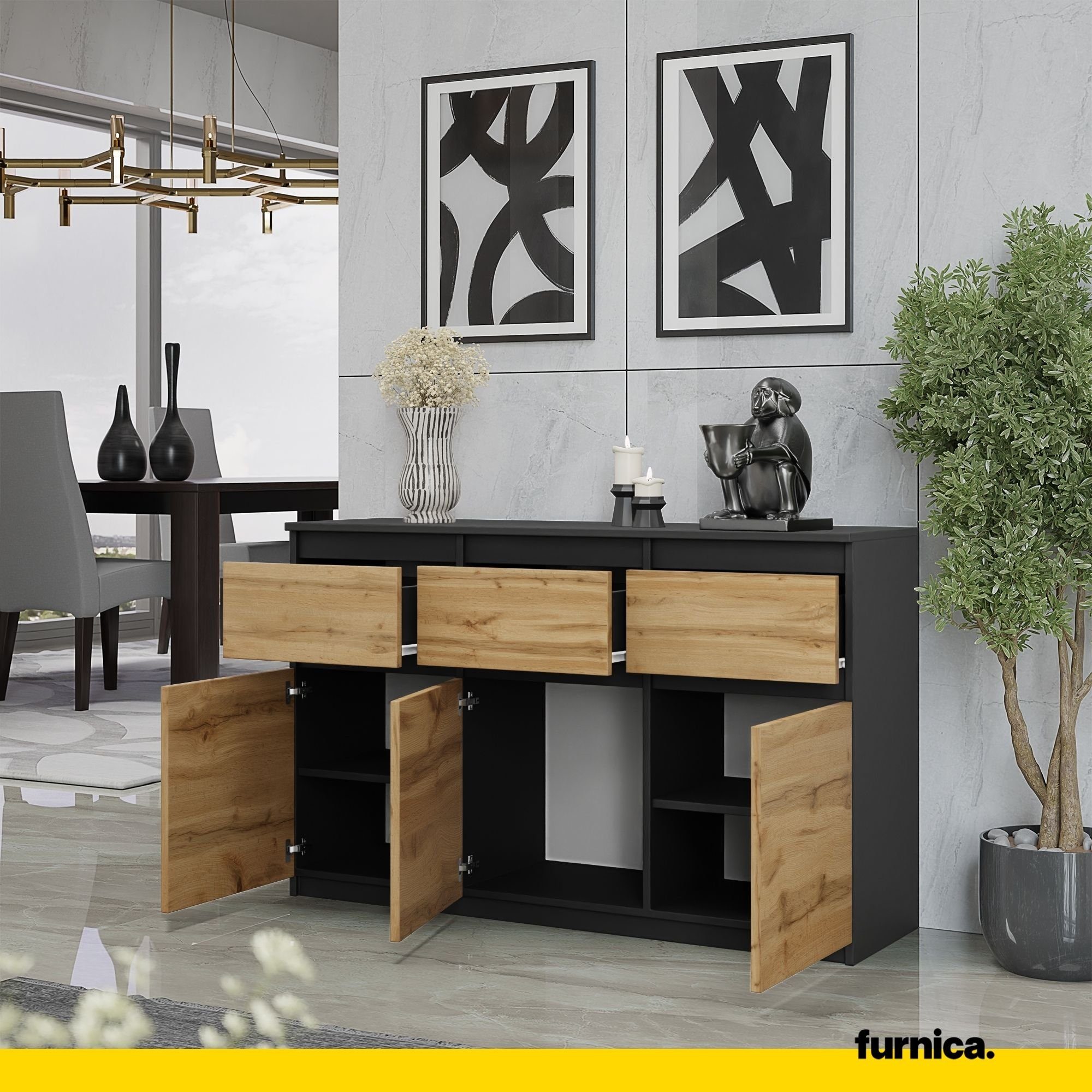 Furnica Sideboard NOAH, 3 Schubladen und 3 Türen - Anthrazit/Wotan Eiche H7 günstig online kaufen