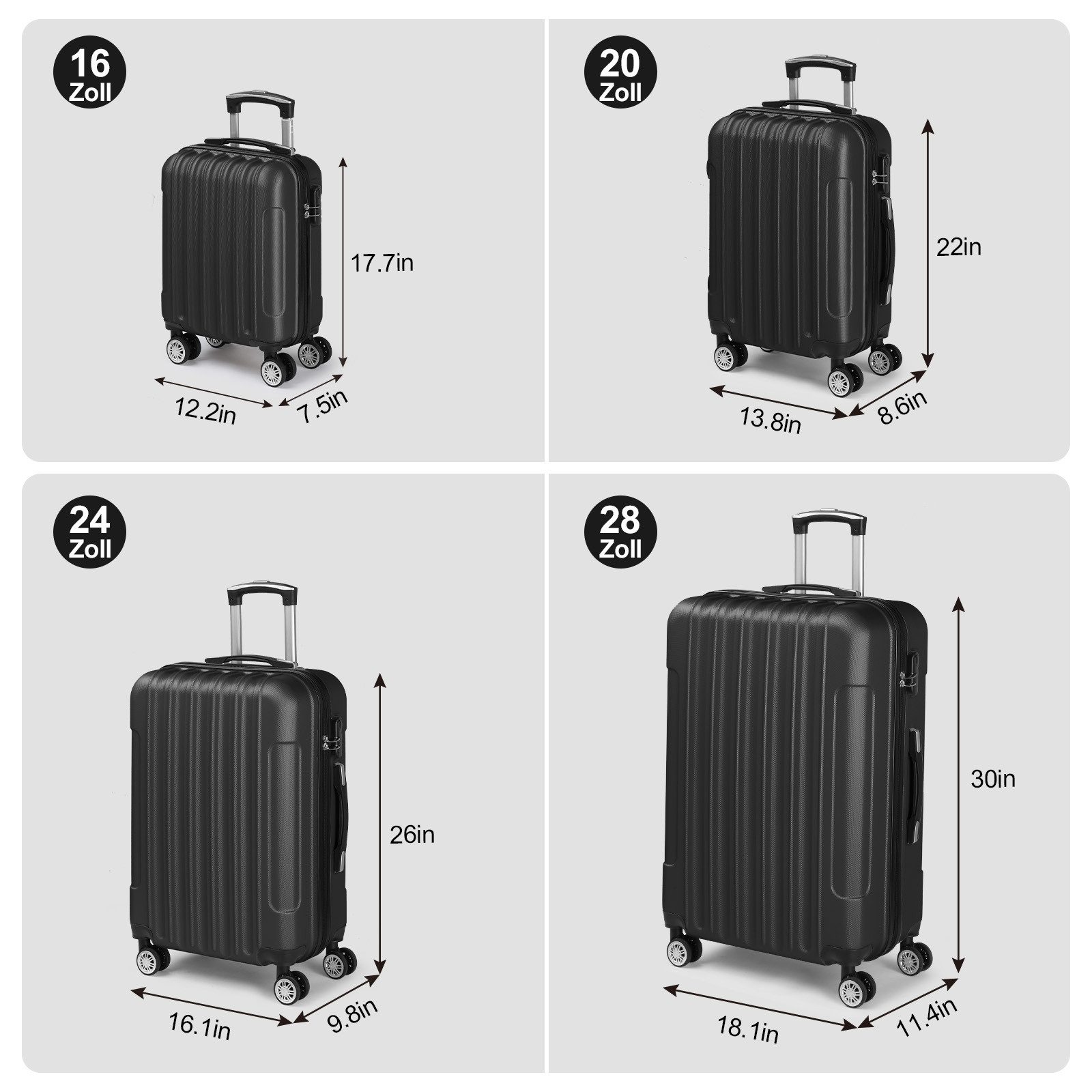 LALAHO Trolley Kofferset Hartschale Reisekoffer, 360° Rollen, 4 Rollen, 4er Set Handgepäck, moderner Koffer, Teleskopstange, Schwarz – Bild 4 von 5