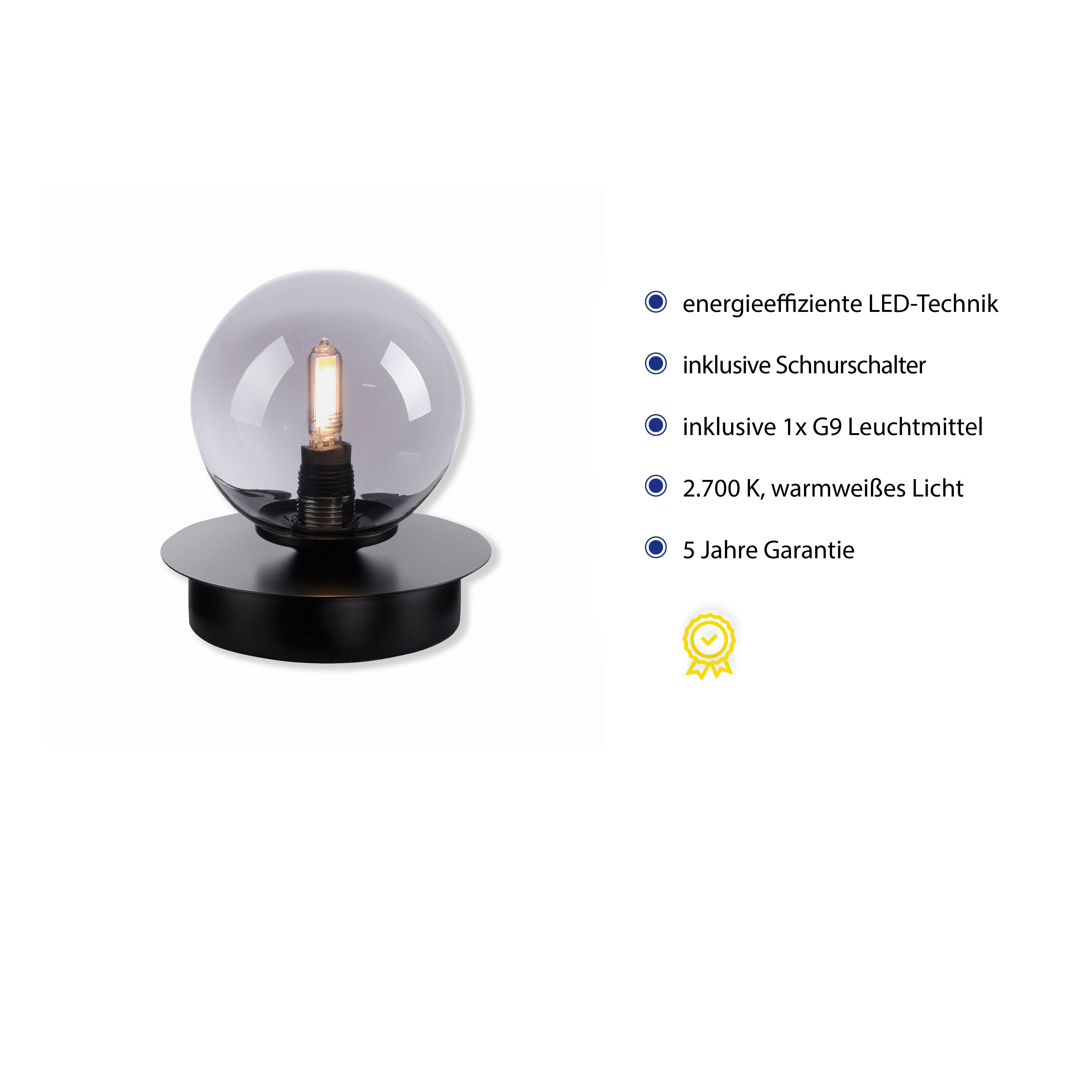 Paul Neuhaus LED Nachttischlampe WIDOW, wechselbar, Warmweiß, Schalter, Schnurschalter LED