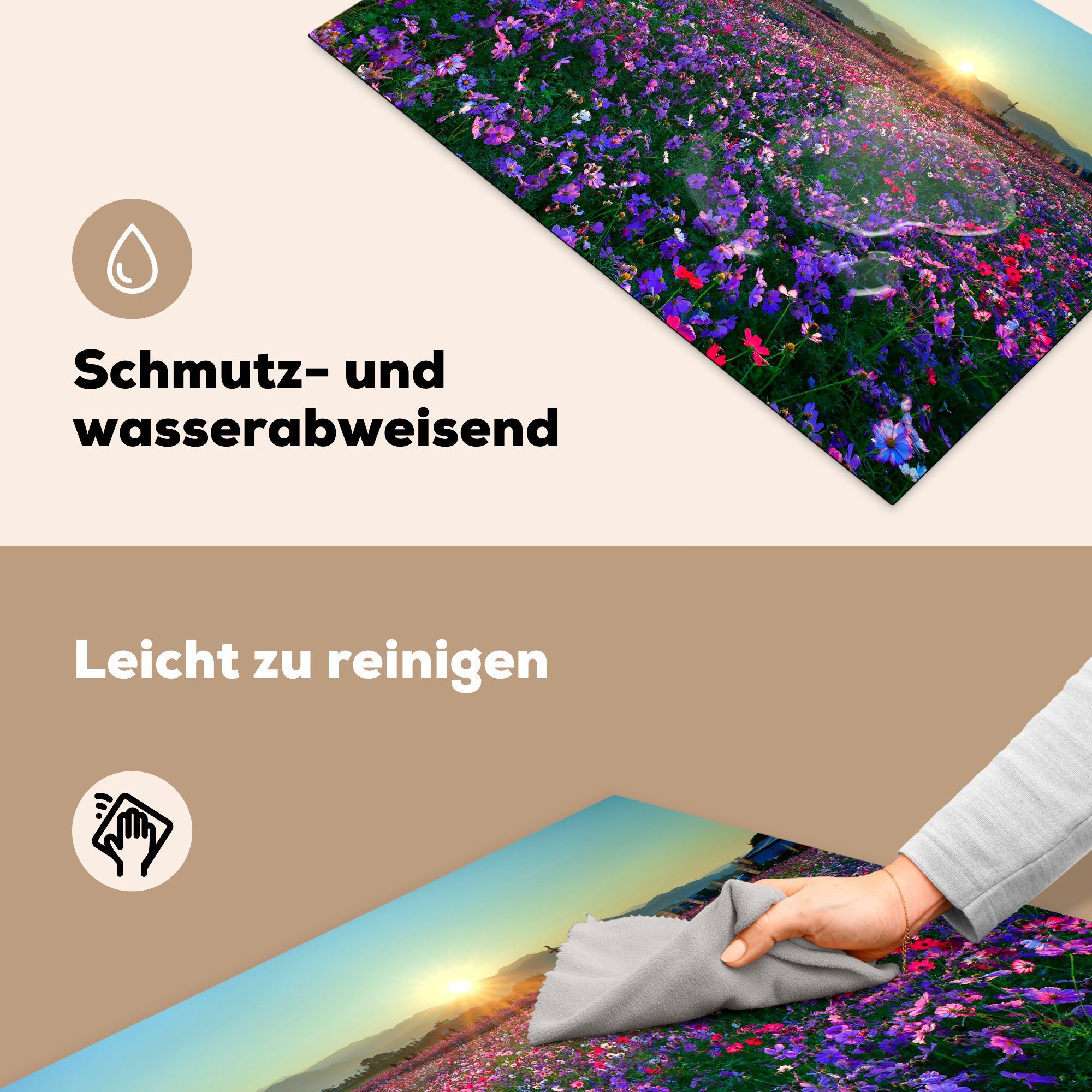 für MuchoWow Herdblende-/Abdeckplatte - Induktionskochfeld - die Lila Sonnenuntergang, cm, Blumen Ceranfeldabdeckung küche, Vinyl, Schutz tlg), 81x52 (1