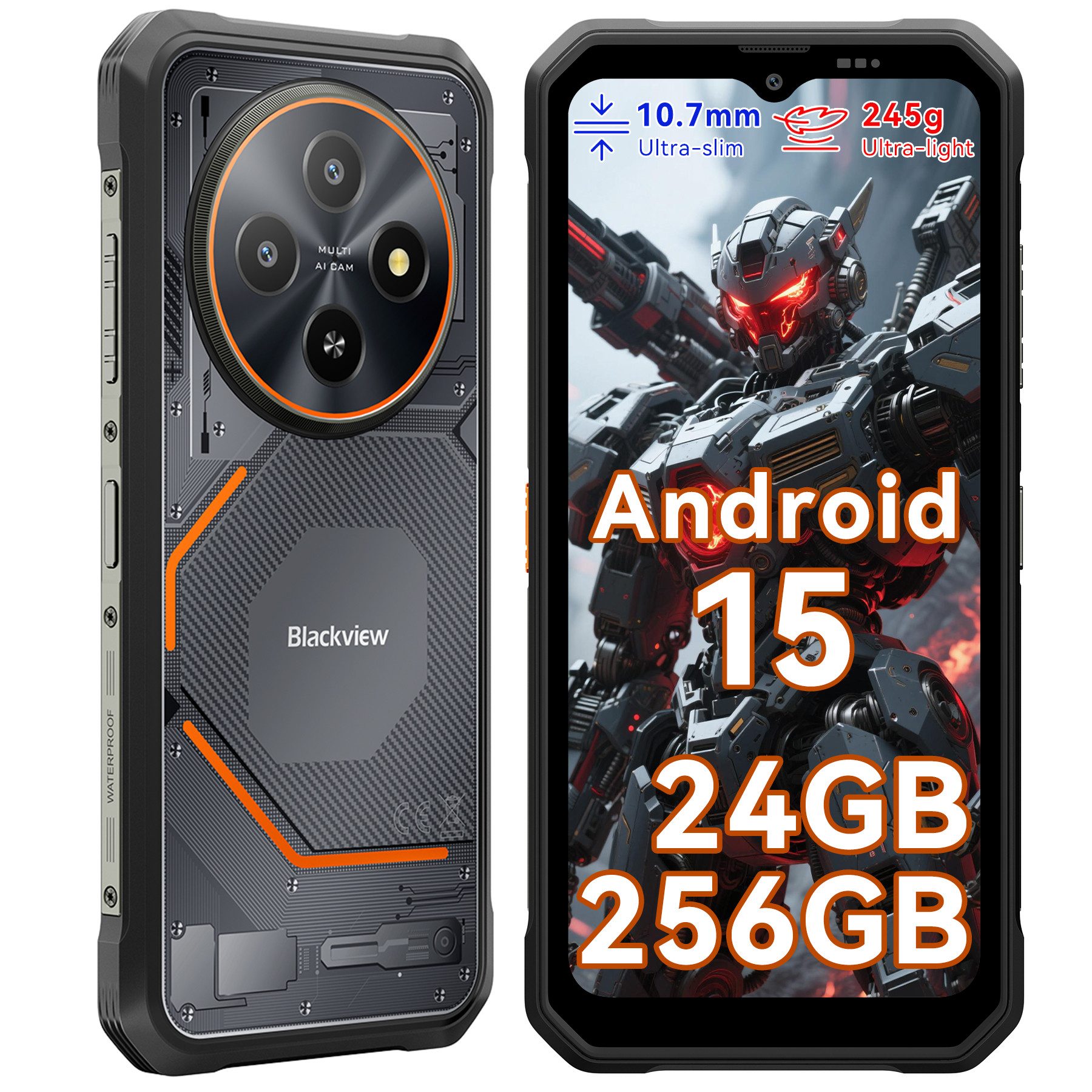 blackview FORT 2 Ultradünnes Robustphone: Nur 10.7mm, AI-Dreifachkamera Outdoor Smartphone (6.56 Zoll, 256 GB Speicherplatz, DokeOS 5.0, Android 15, 24GB, 16MP, 5W OTG)