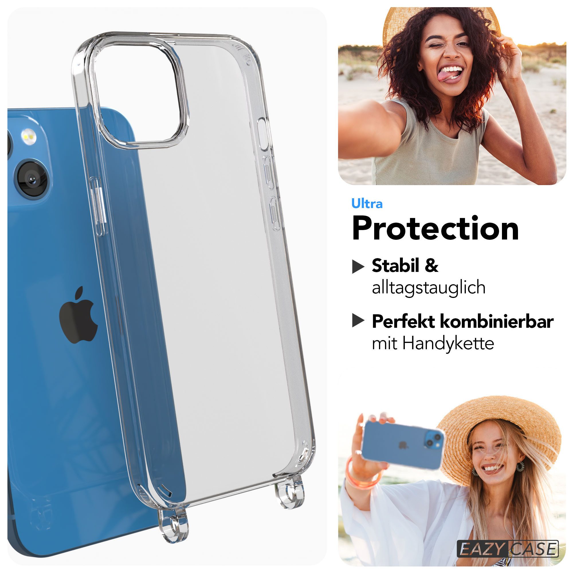EAZY CASE Handykette Handyhülle für Handyketten mit Befestigungsösen für iPhone Modelle 6,1 Zoll, Hülle für Handykette, Transparent mit Ösen für Apple iPhone 13
