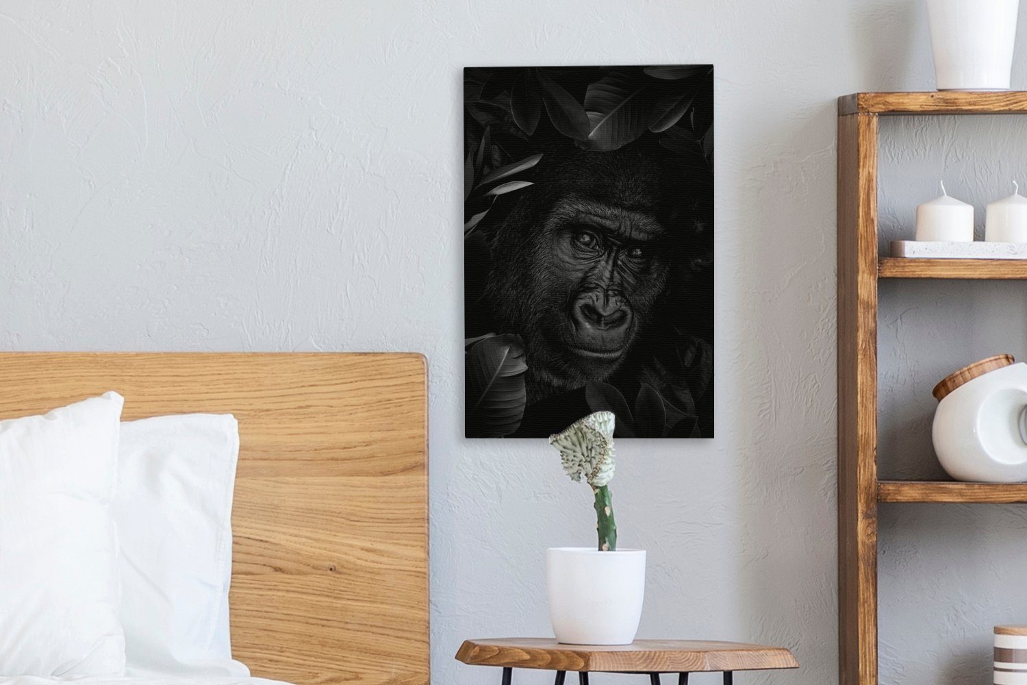 OneMillionCanvasses® Zackenaufhänger, dunklem St), (1 - Affe fertig bespannt Botanischer auf Leinwandbild inkl. Gemälde, Hintergrund schwarz und 20x30 weiß, Leinwandbild cm