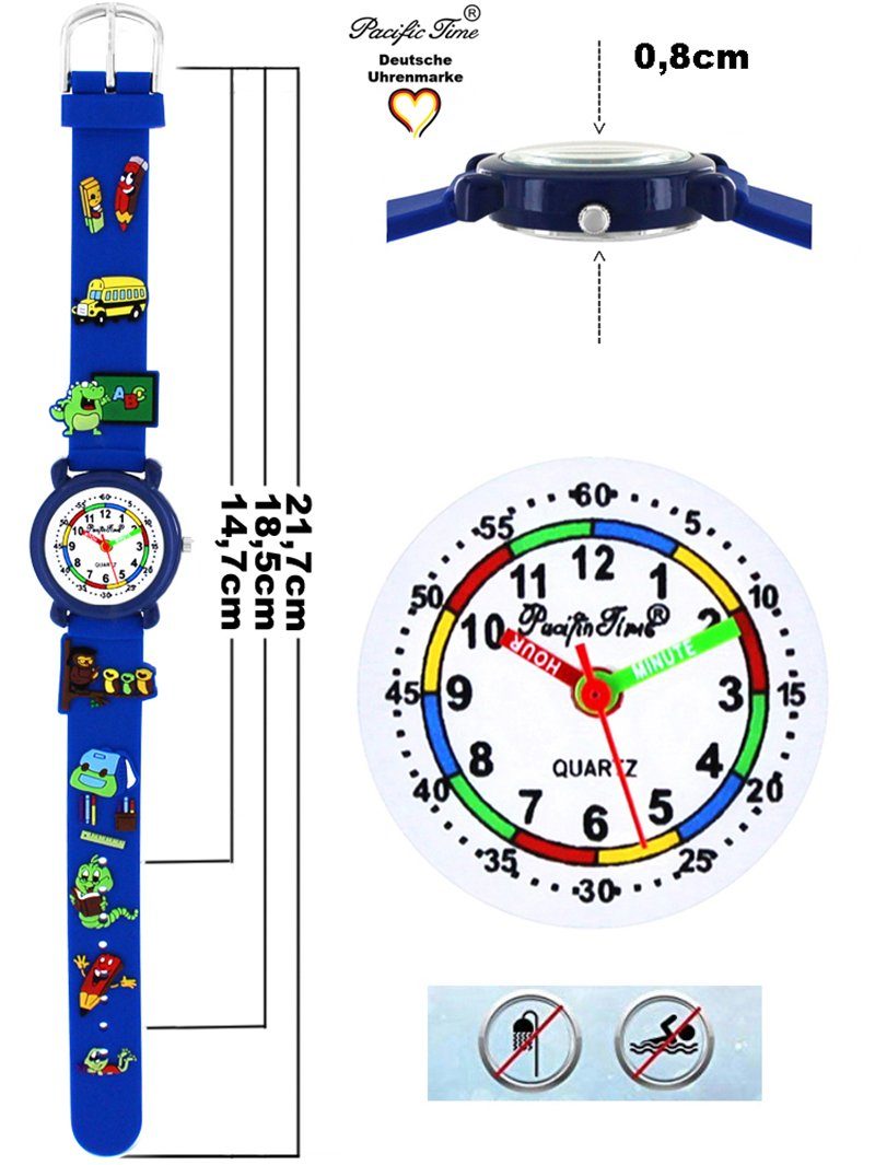 Pacific Time Quarzuhr Kinder Armbanduhr Schulstart blau Lernuhr Gratis Silikonarmband, Versand