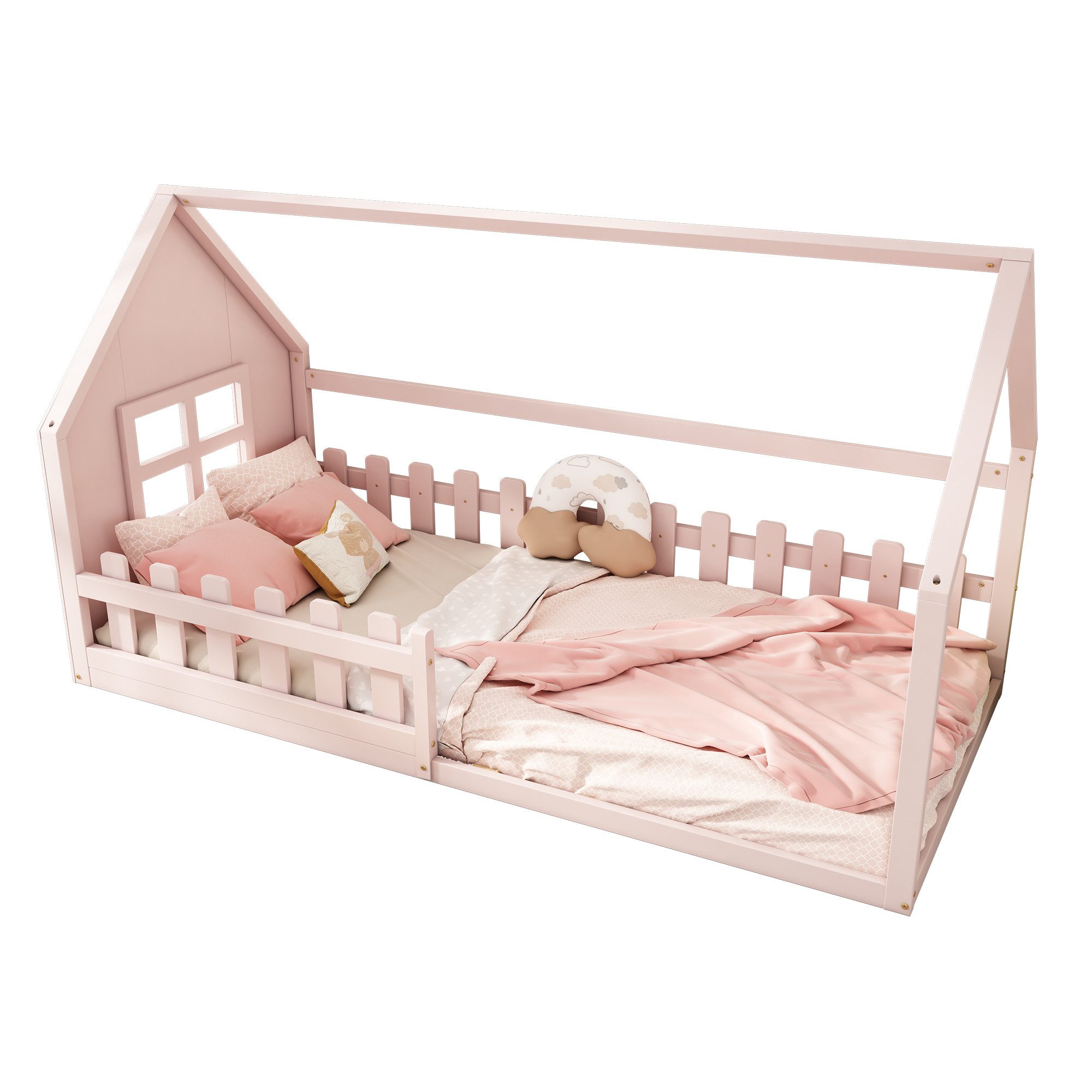 Flieks Massivholzbett, Kinderbett Hausbett Einzelbett 90x200cm mit Lattenro günstig online kaufen