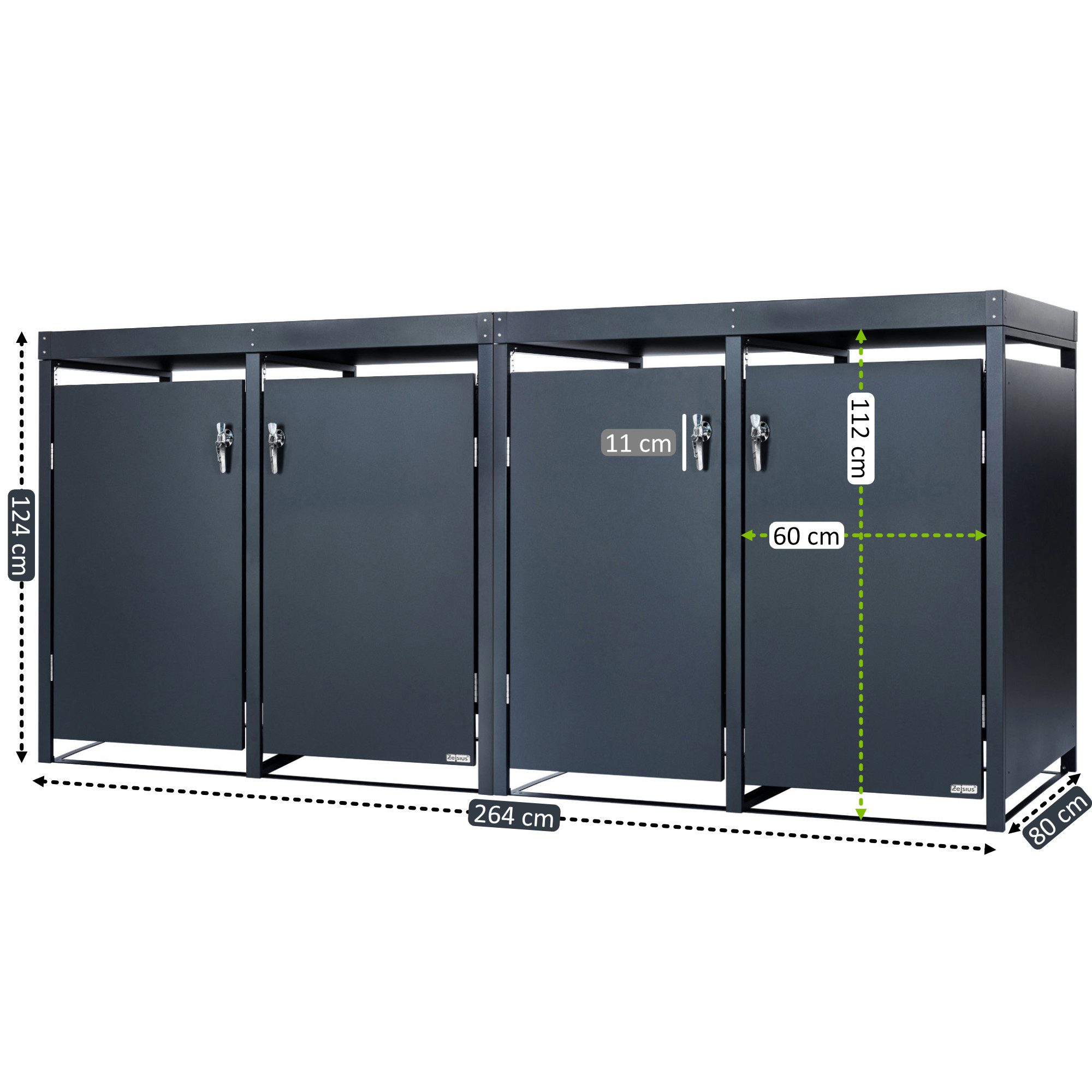 Zelsius Mülltonnenbox Mülltonnenbox mit Pflanzdach für vier 120 - 240 Liter Mülltonnen (Set, 2 Doppelboxen), Abschließbare Tür