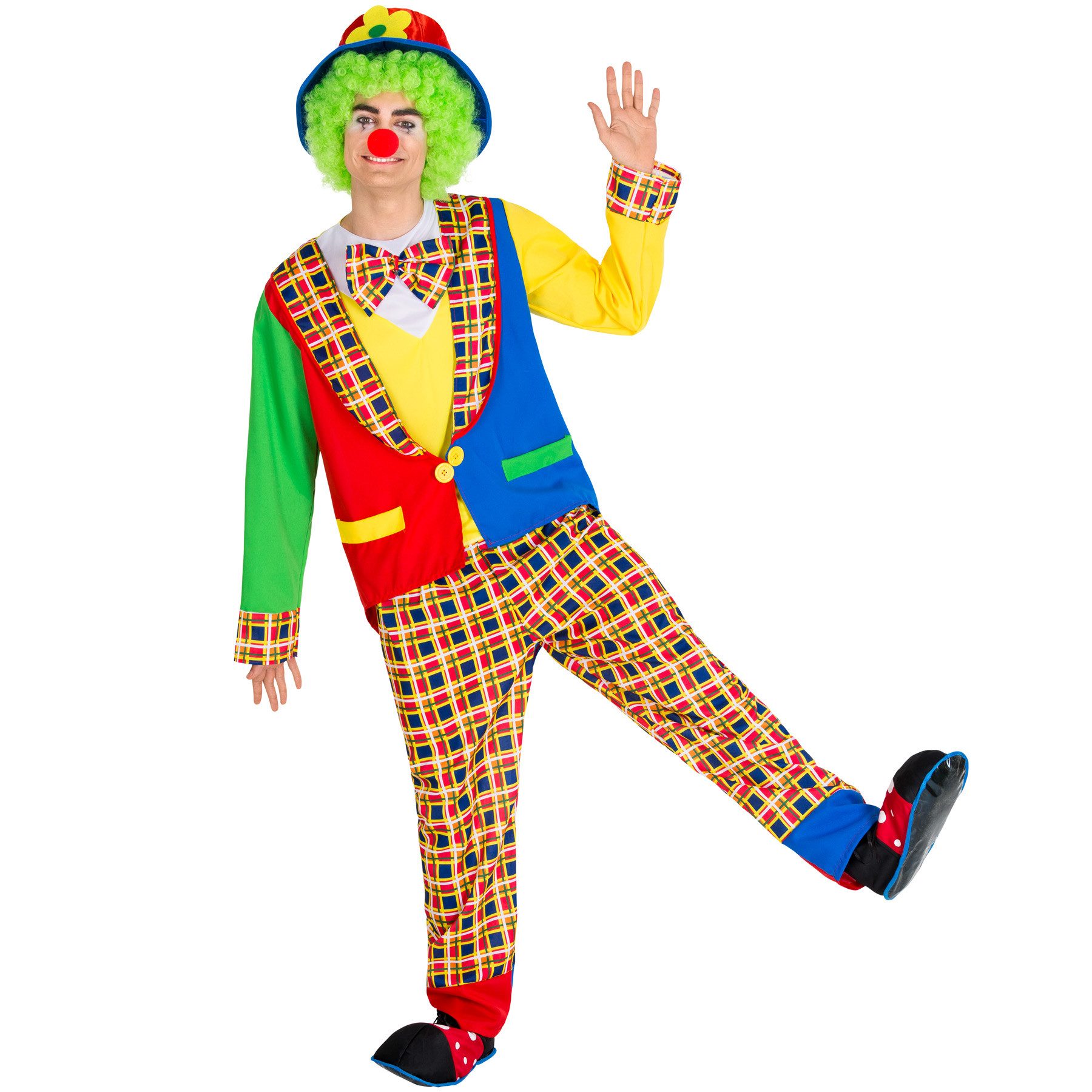 dressforfun Clown-Kostüm Spaßvogel, auch Komiker, in gelb, Konfektionsgröße XL, Clown-Nase, Bunter Frack, Bequeme Hose mit Gummizug, Schlapphut mit Filzblume