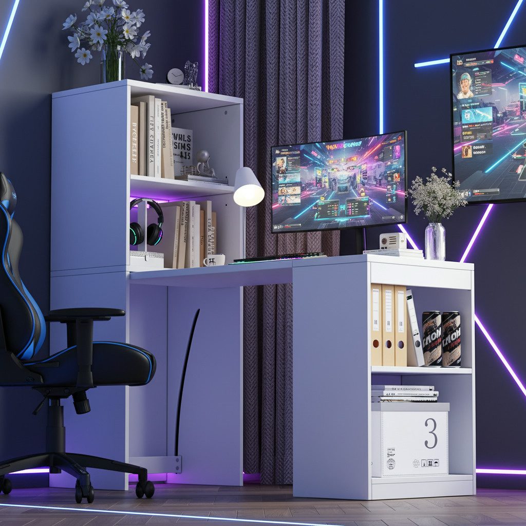 Flieks Regal-Schreibtisch L-Form multifunktionaler Klapptisch mit Rollen&Bücherregal 2-in-1 (Tischplatte: 90x51 cm, Standregal: 55x40x137 cm, Gesamtlänge 130 cm – Bild 4 von 5