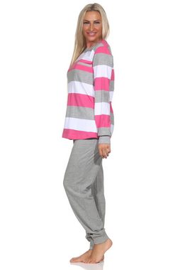 Normann Pyjama Damen Schlafanzug langarm mit Bündchen in Blockstreifenoptik