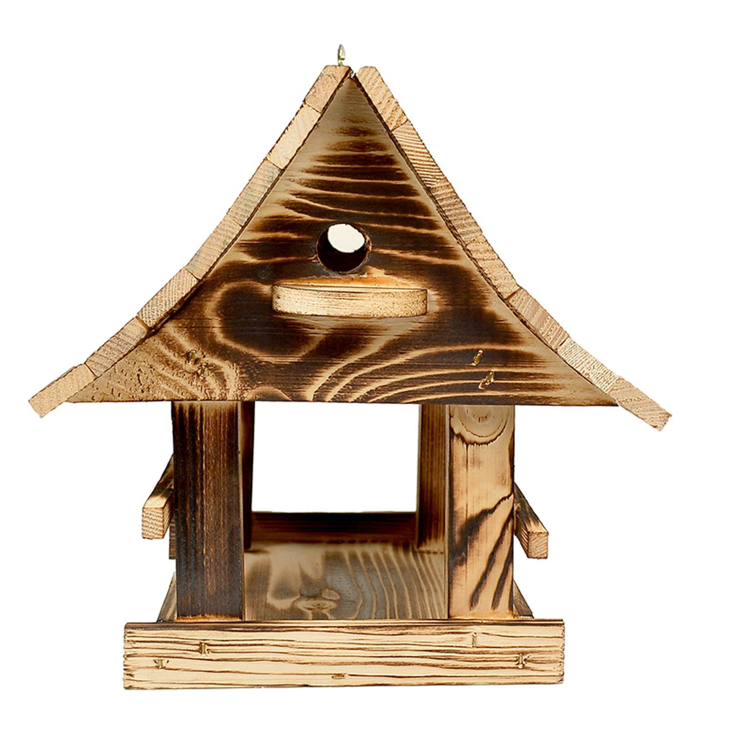 WOODOK Vogelhaus Massivholz-Vogelfutterhaus XXL gebrannt, mit Haken zum Aufhängen