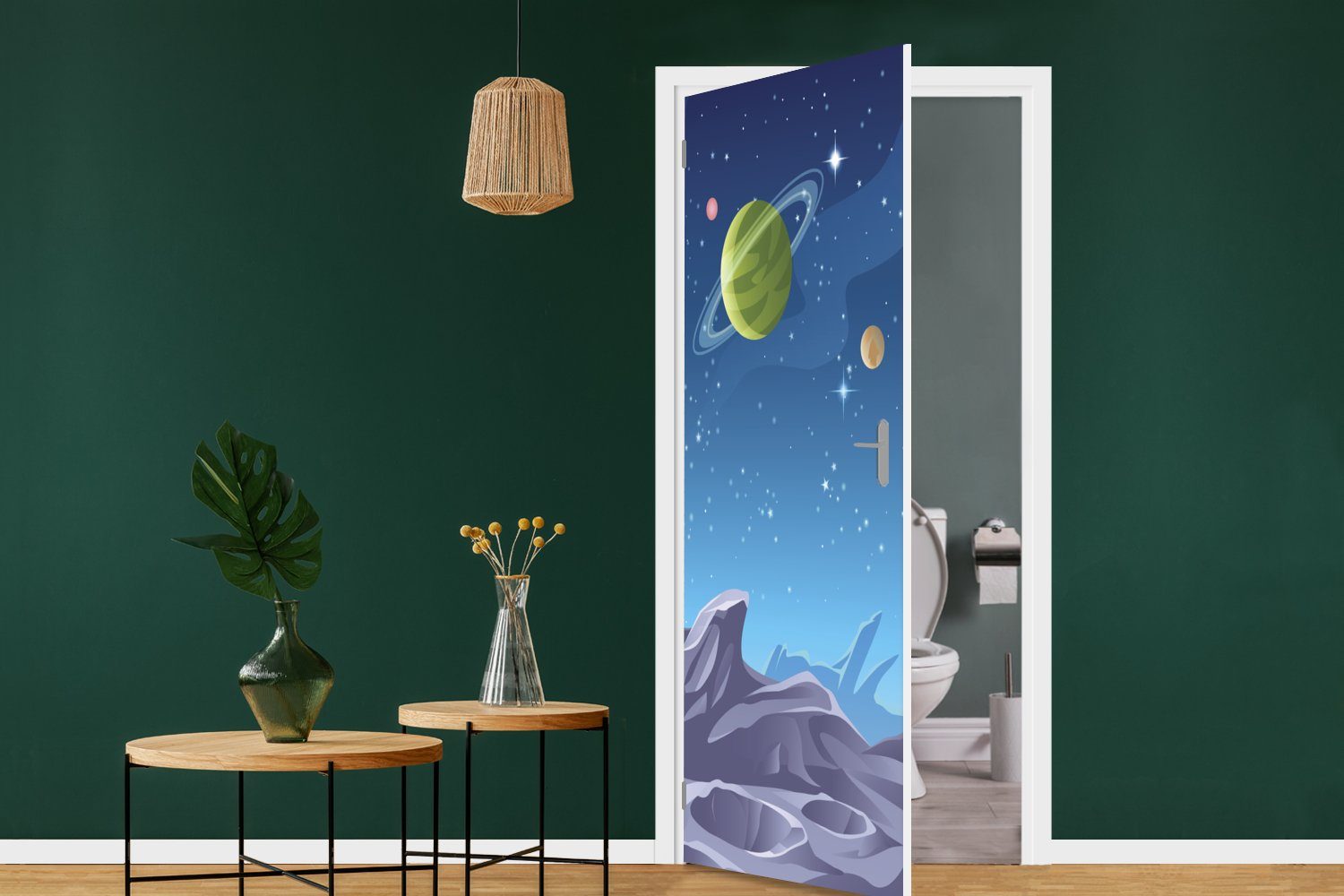 cm sichtbaren Tür, Matt, mit MuchoWow 75x205 der für bedruckt, Türaufkleber, Illustration Eine St), Mondoberfläche (1 Türtapete Planeten, Fototapete