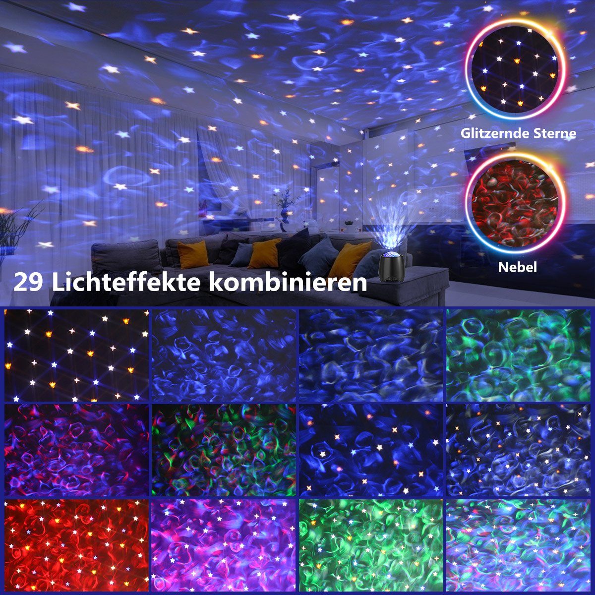 Fernbedienung LED fest Wasserwelle LED-Sternenhimmel, Timer integriert, bunt, Bluetooth Musik Insma