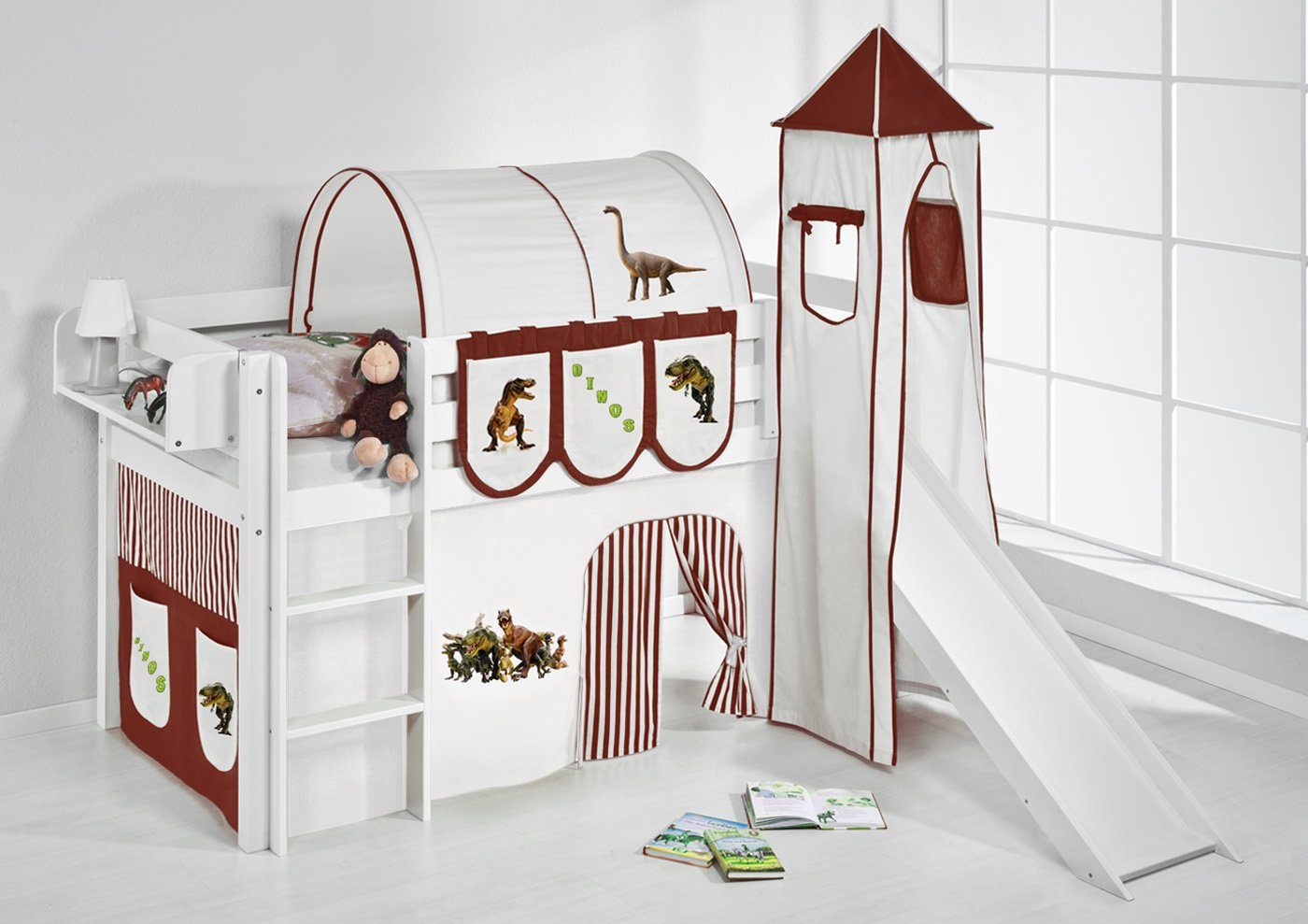 Lilokids Hochbett Spielbett JELLE Dinos - Hochbett - mit Turm, Rutsche und Vorhang Inkl. Rutsche, Vorhang und Turm