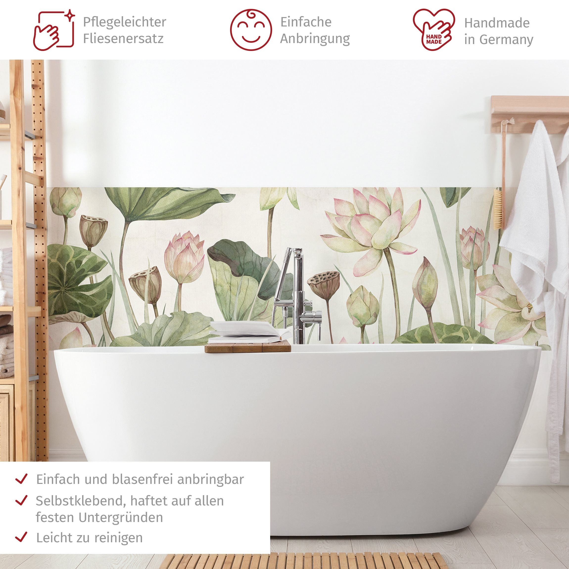 Bilderdepot24 Badrückwand grün fugenlose Wandverkleidung Bad Tropisch, (Hartfolie matt » Selbstklebend SMART 0,35 mm), wasserfestes Wandpaneel Anmutige Seerosen sanfte Blätter