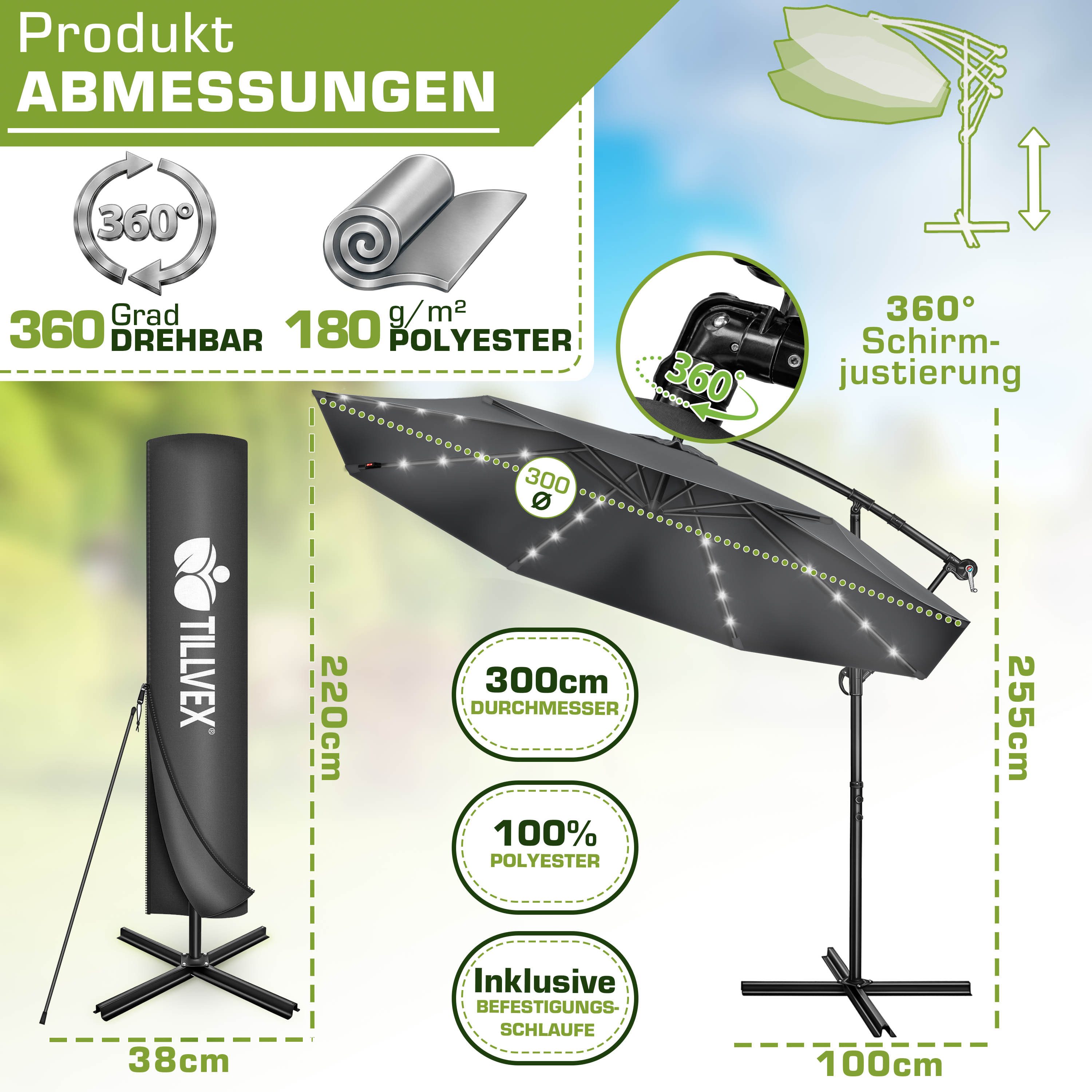 tillvex Sonnenschirm tillvex® Sonnenschirm LED Solar Ø 3m Ampelschirm Balkon Gartenschirm, Alu Ampelschirm + Abdeckung LED Solar Ø 350 cm mit Kurbel, Abdeckung  – Bild 2 von 5