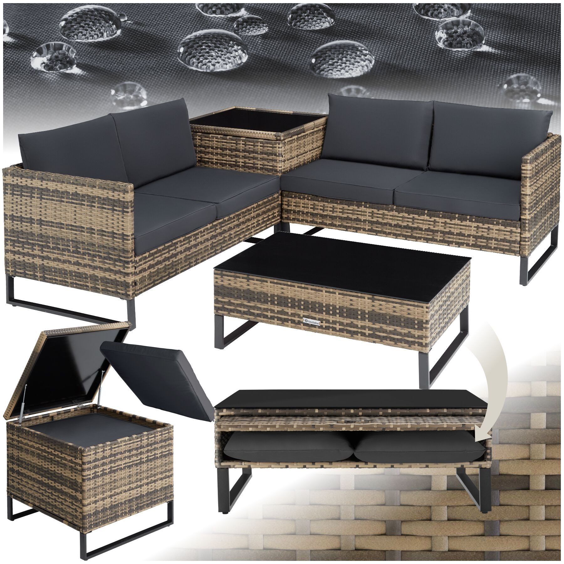 tectake Loungeset Rattan Sitzgruppe inkl. großer Aufbewahrungsbox, für 4 Personen, (Gartenlounge-set Ostuni, 4-tlg., geeignet für Outdoor in Natur), widerstandsfähig und UV-beständig, Dicke der Polster 9 cm