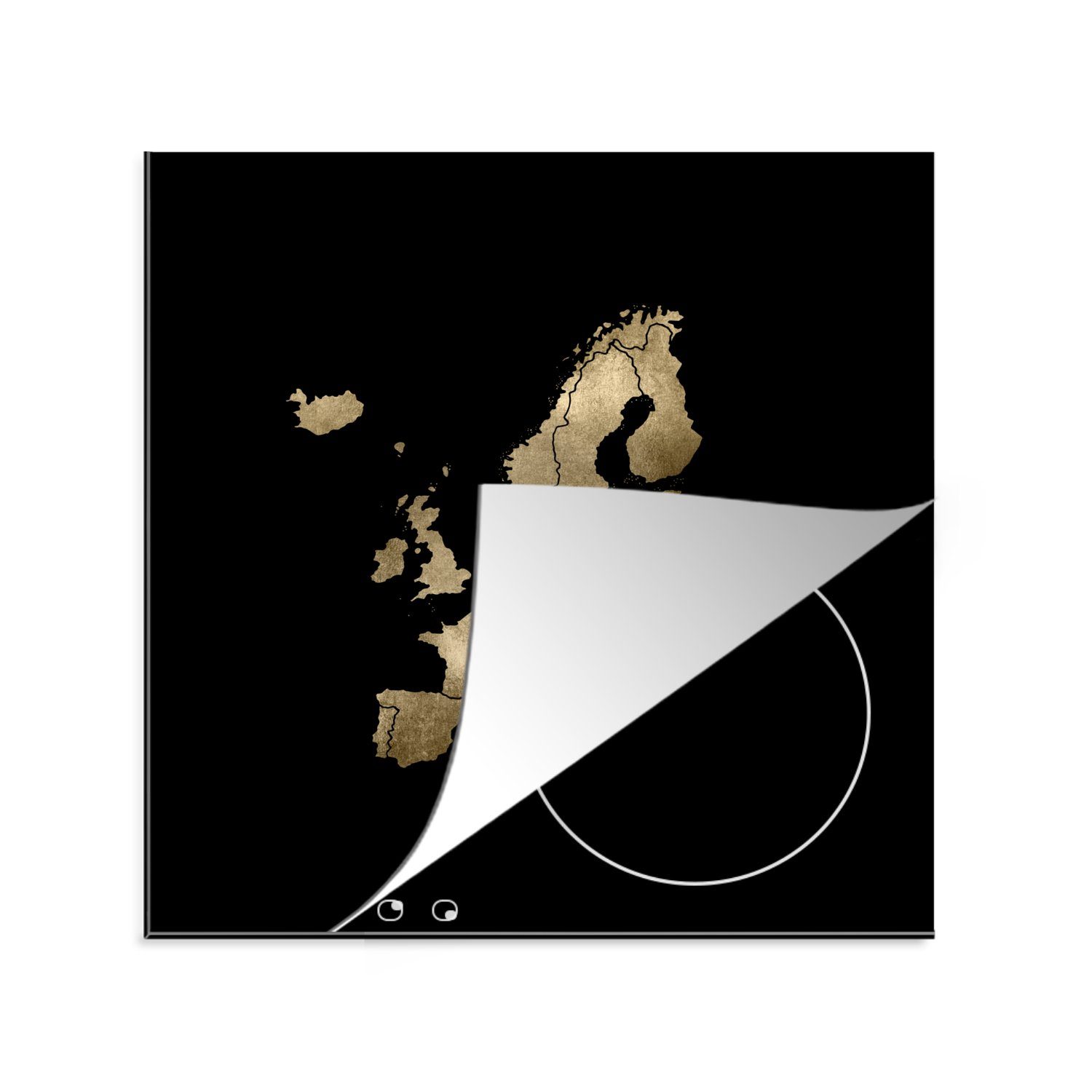 MuchoWow Herdblende-/Abdeckplatte Europa Karte - Gold - Schwarz, Vinyl, (1 tlg), 78x78 cm, Ceranfeldabdeckung, Arbeitsplatte für küche