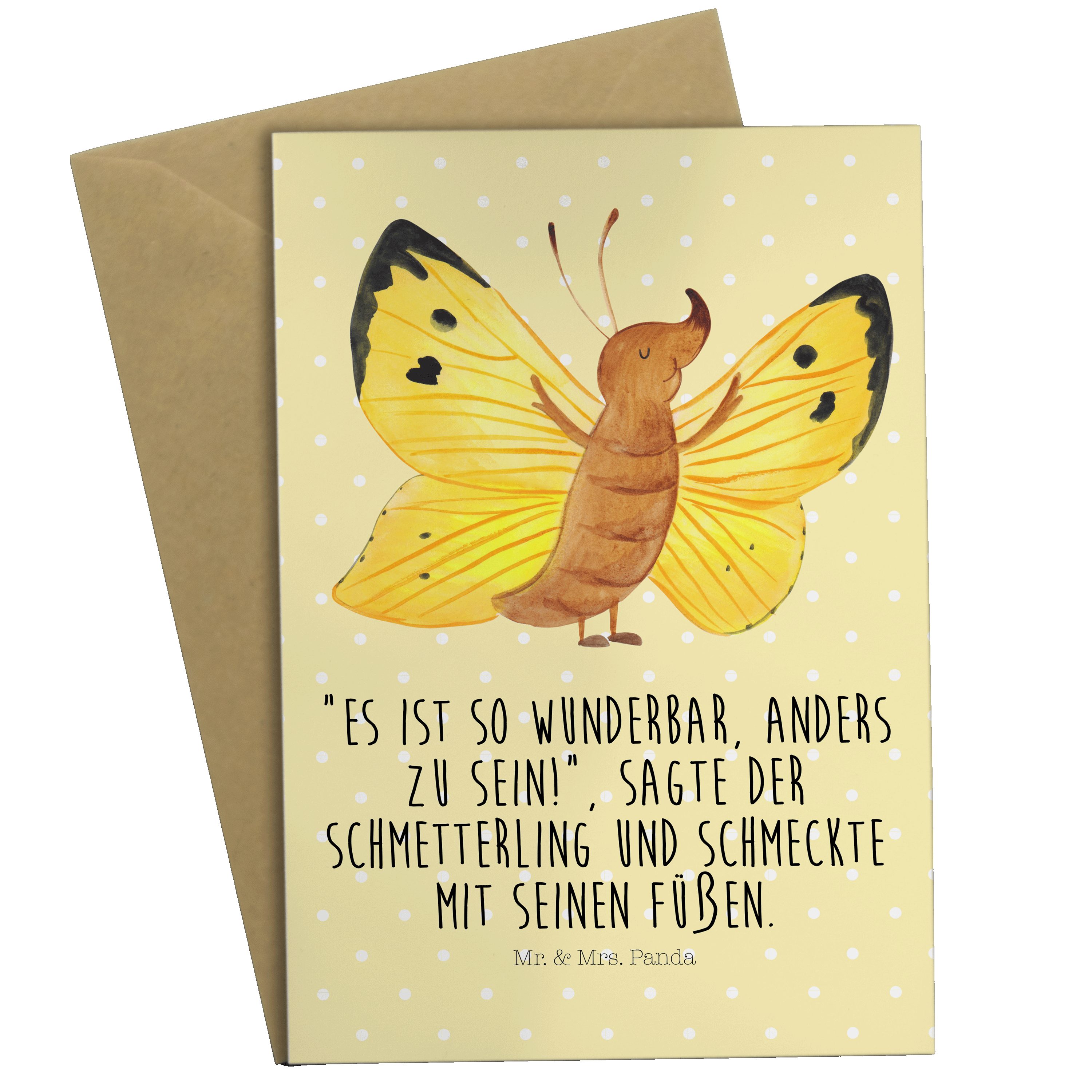 F Grußkarte Gute Schmetterling & Laune, - Geschenk, Mrs. Mr. Panda Zitronenfalter - Pastell Gelb