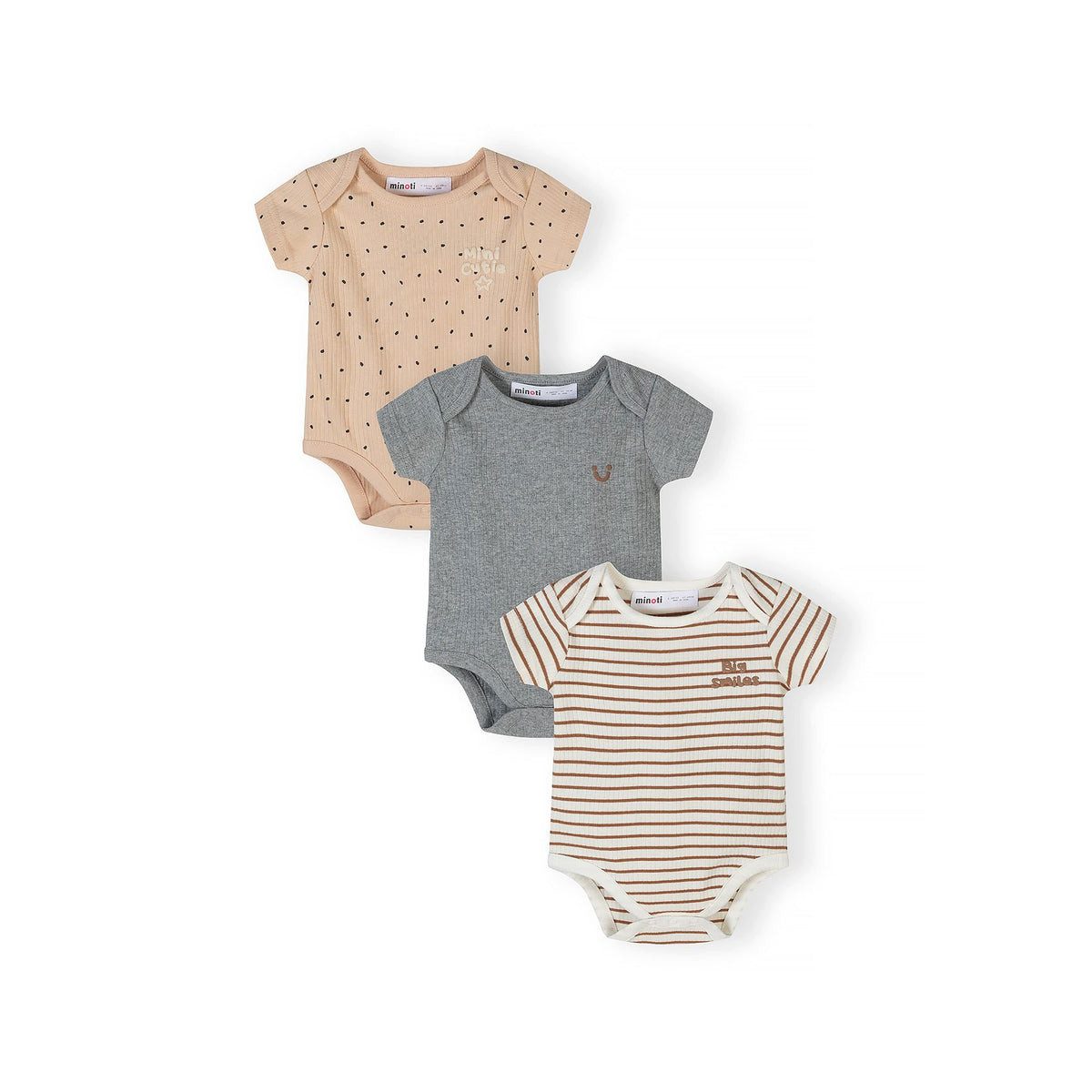 MINOTI Kurzarmbody für Babys mit Punkten und Streifen (Packung, 3-tlg) Schriftzug Big Smiles