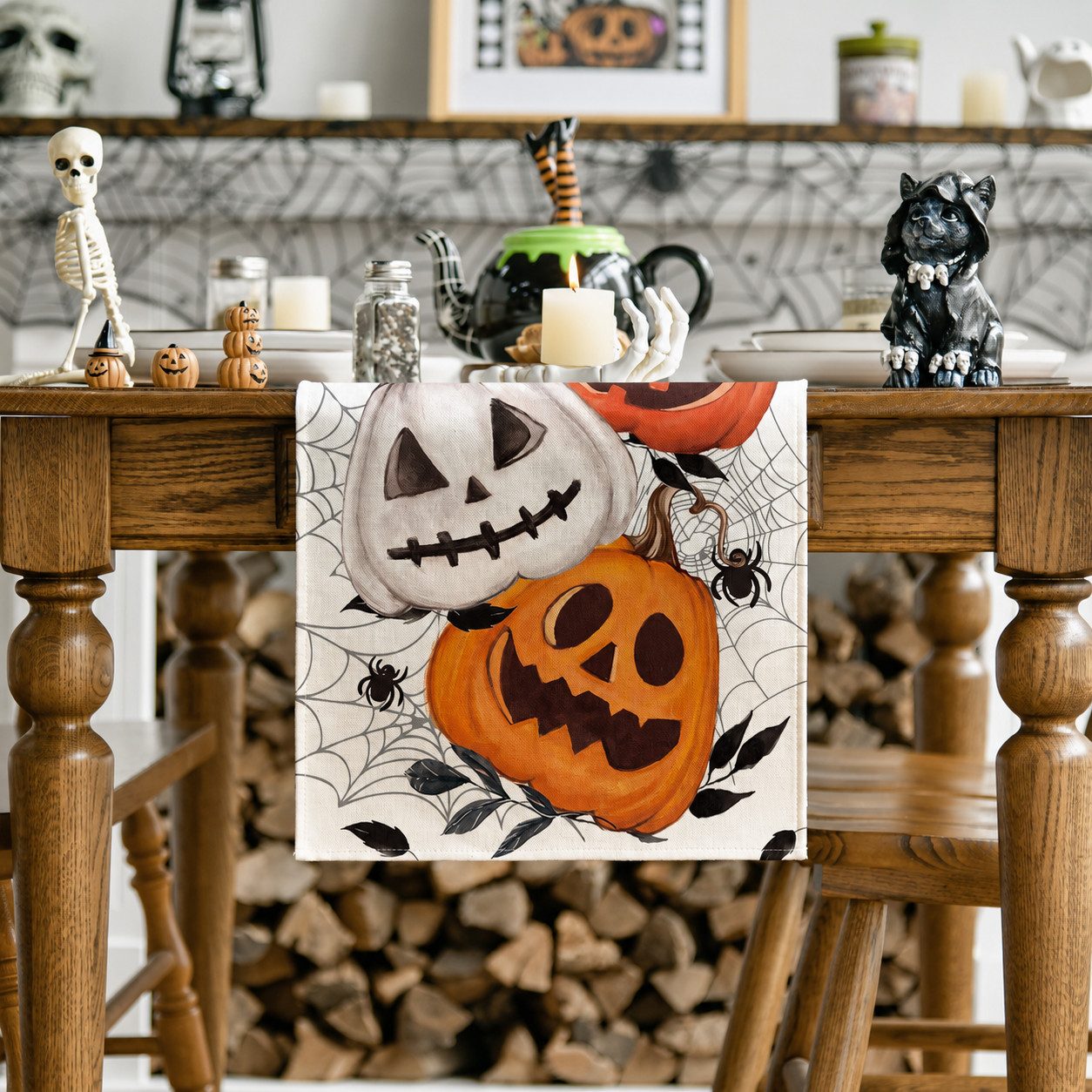 Sorvyzxn Tischläufer Halloween Tischläufer 33 × 183 cm, Spinnennetz & Kürbis Motiv, Für Esstisch, Küche, Herbst & Halloween Deko