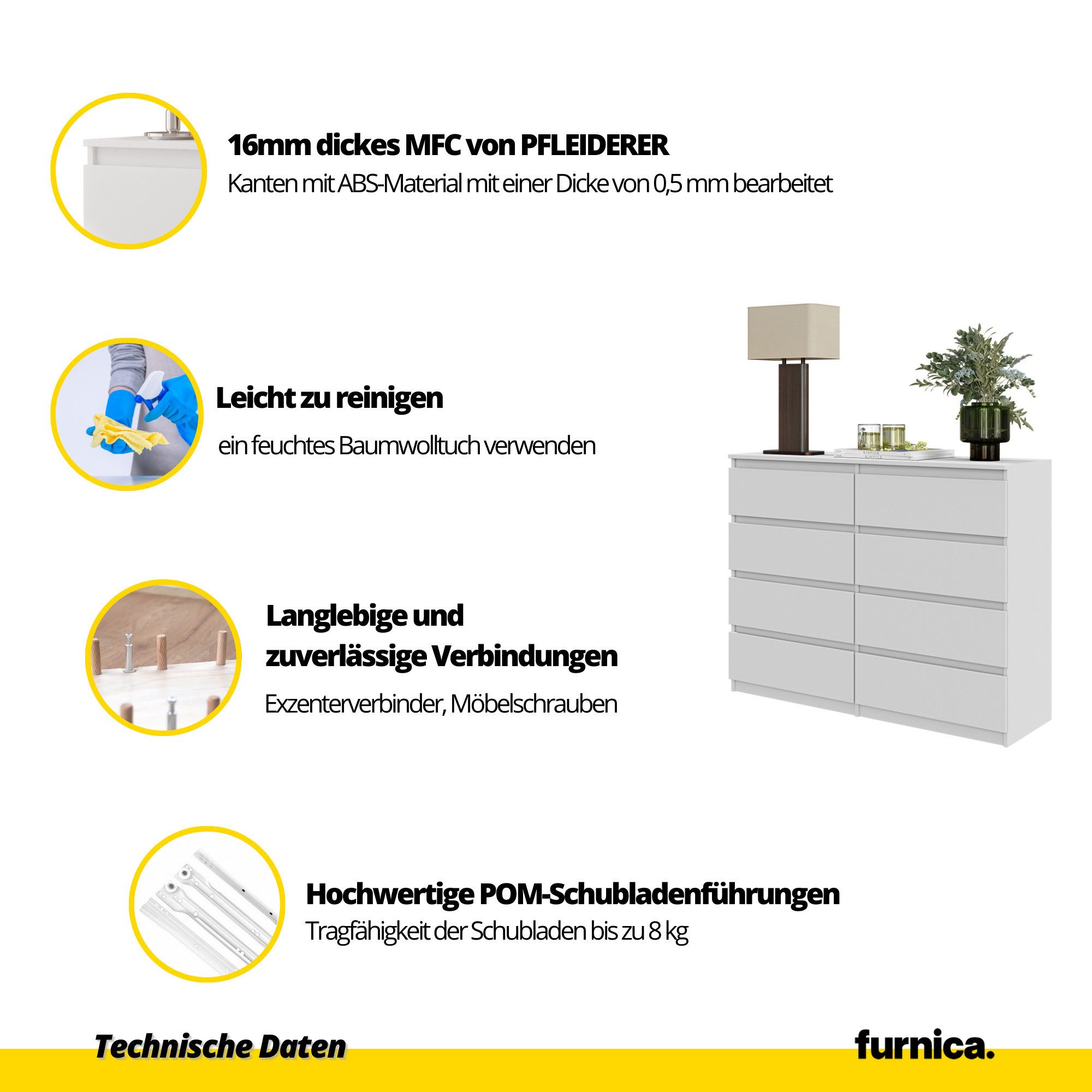 Furnica Kommode GABRIEL 8 Schubladen-Weiß Matt H92cm B120cm T33cm