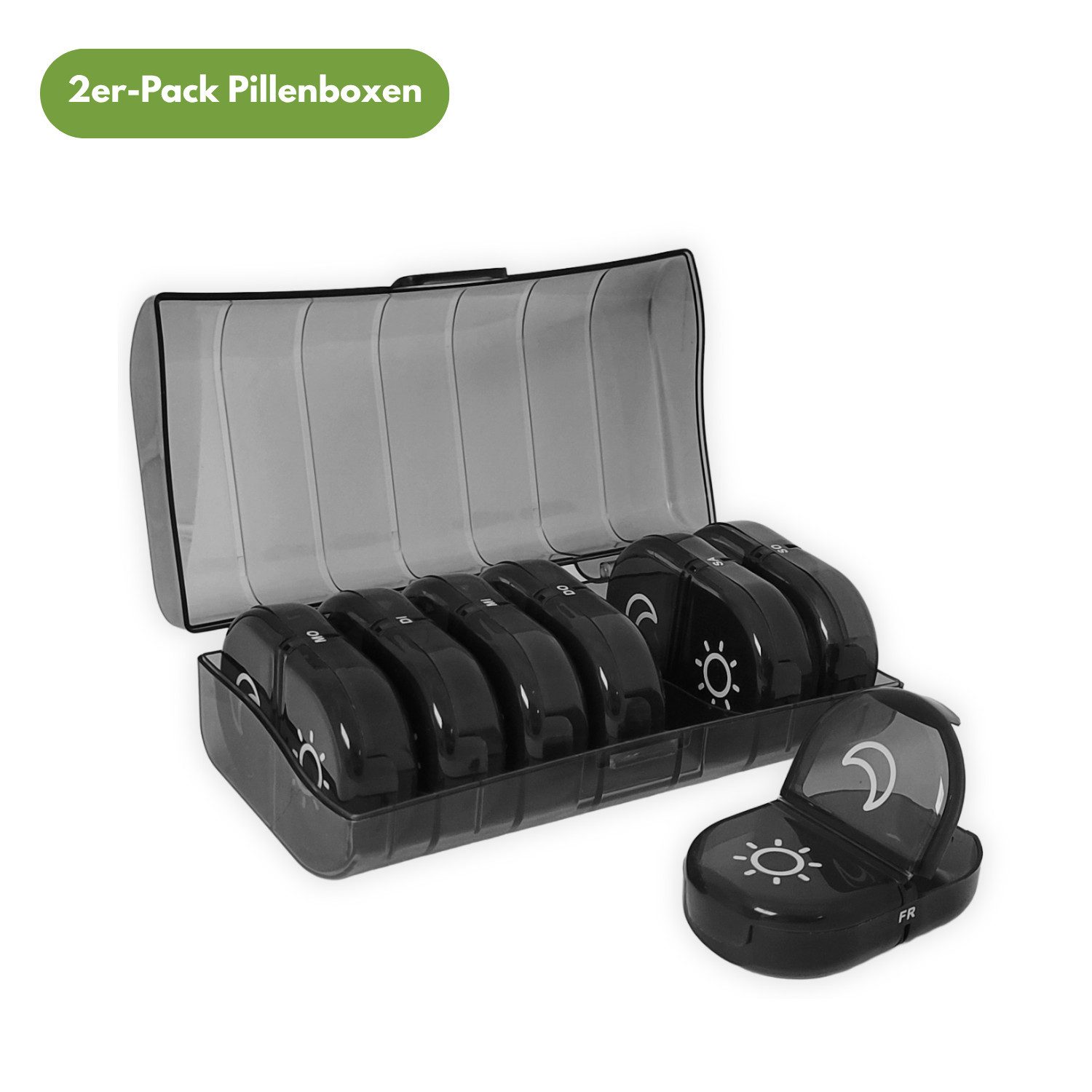 Frohbach Pillendose 7 Tage Tablettenbox - Für 1 Woche, 2 Fächer pro Tag, Schwarz (2 St)