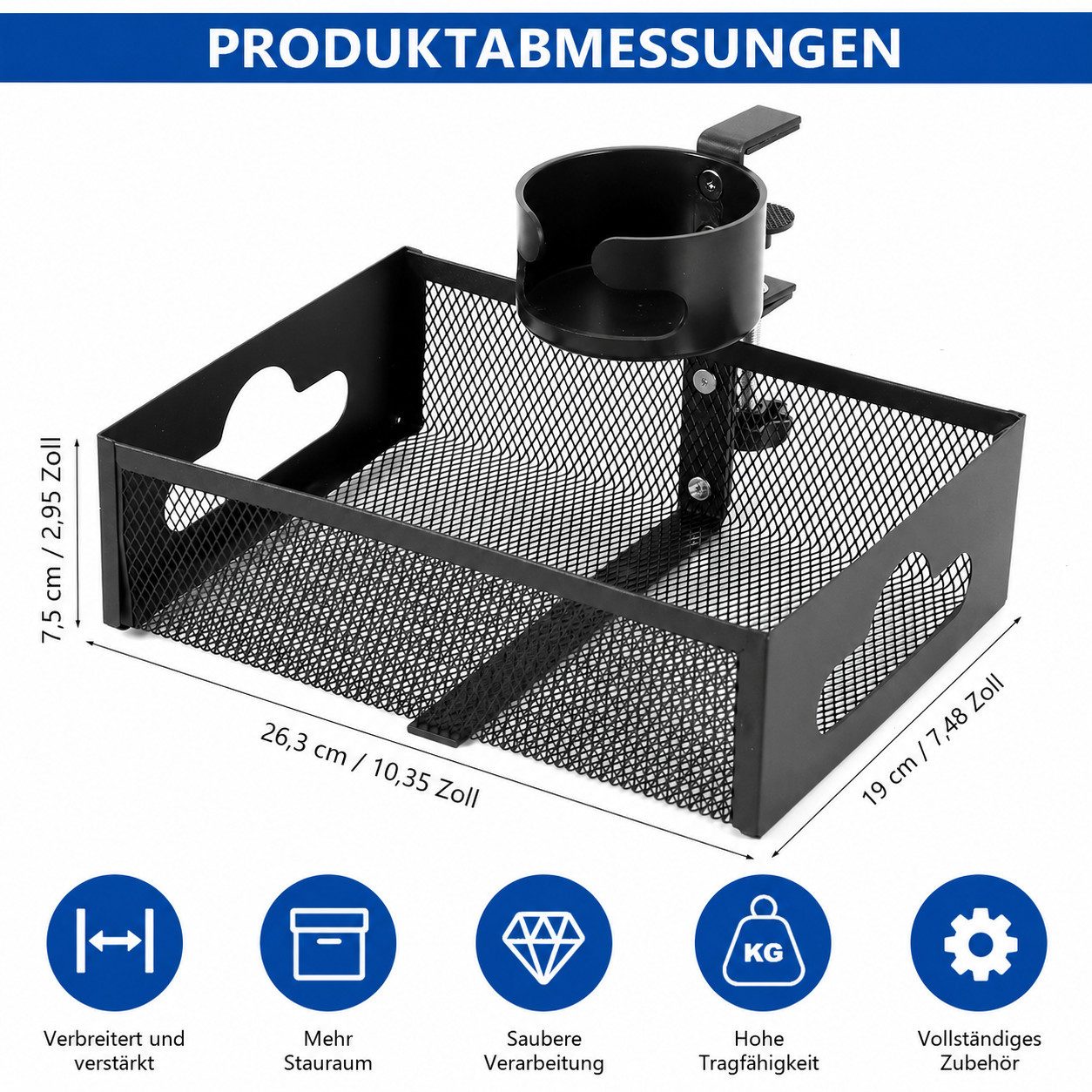 BlingBin Kabelkanal Metall Schreibtisch Organizer mit Getränkehalter,Untertisch Ablagekorb (1er Set, 1-St., Untertisch Ablage mit Becherhalter und Kabellöchern), 360° drehbar, ohne Bohren, Klemmhalter für Tischplatten 1–5 cm,schwarz