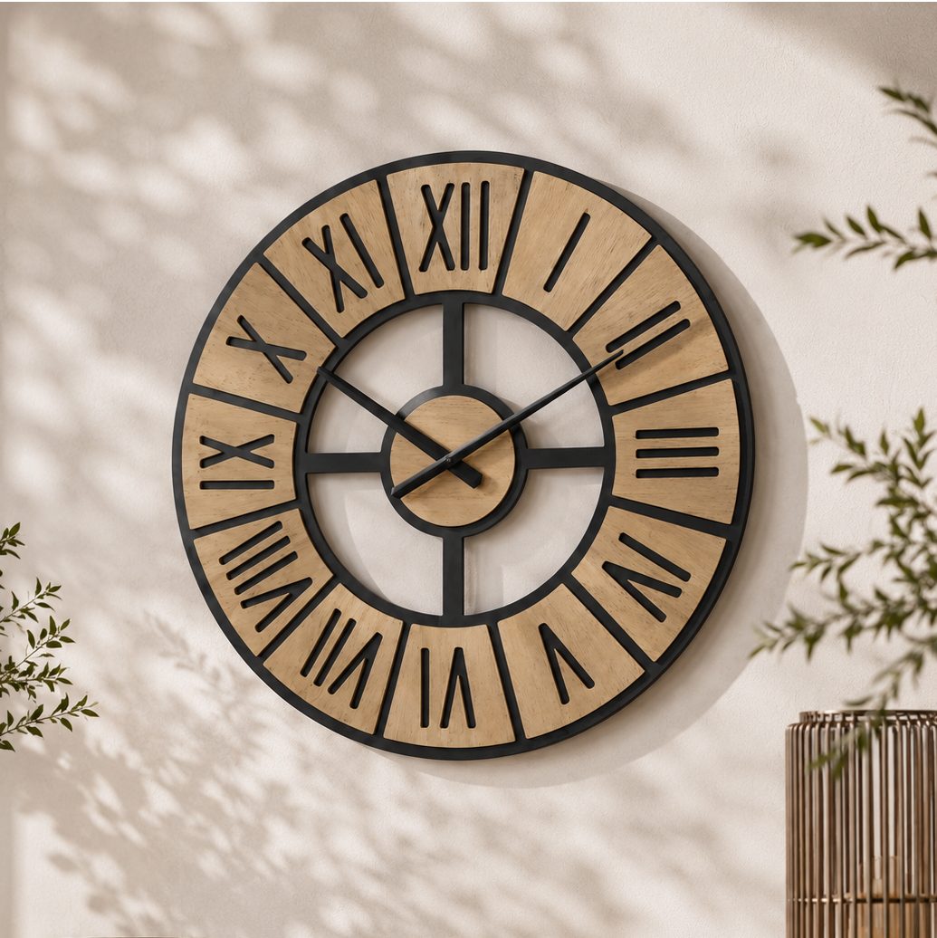 K&L Wall Art Wanduhr Holzuhr übergroße Vintage Uhr Holzoptik Landhaus Wanduhr XL (leises Quarz Uhrwerk)