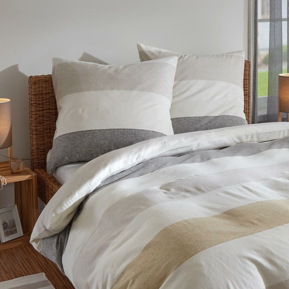 TRAUMSCHLAF Bettwäsche Melange Streifen Natur, Biber, 3 teilig, Biberbettwä günstig online kaufen