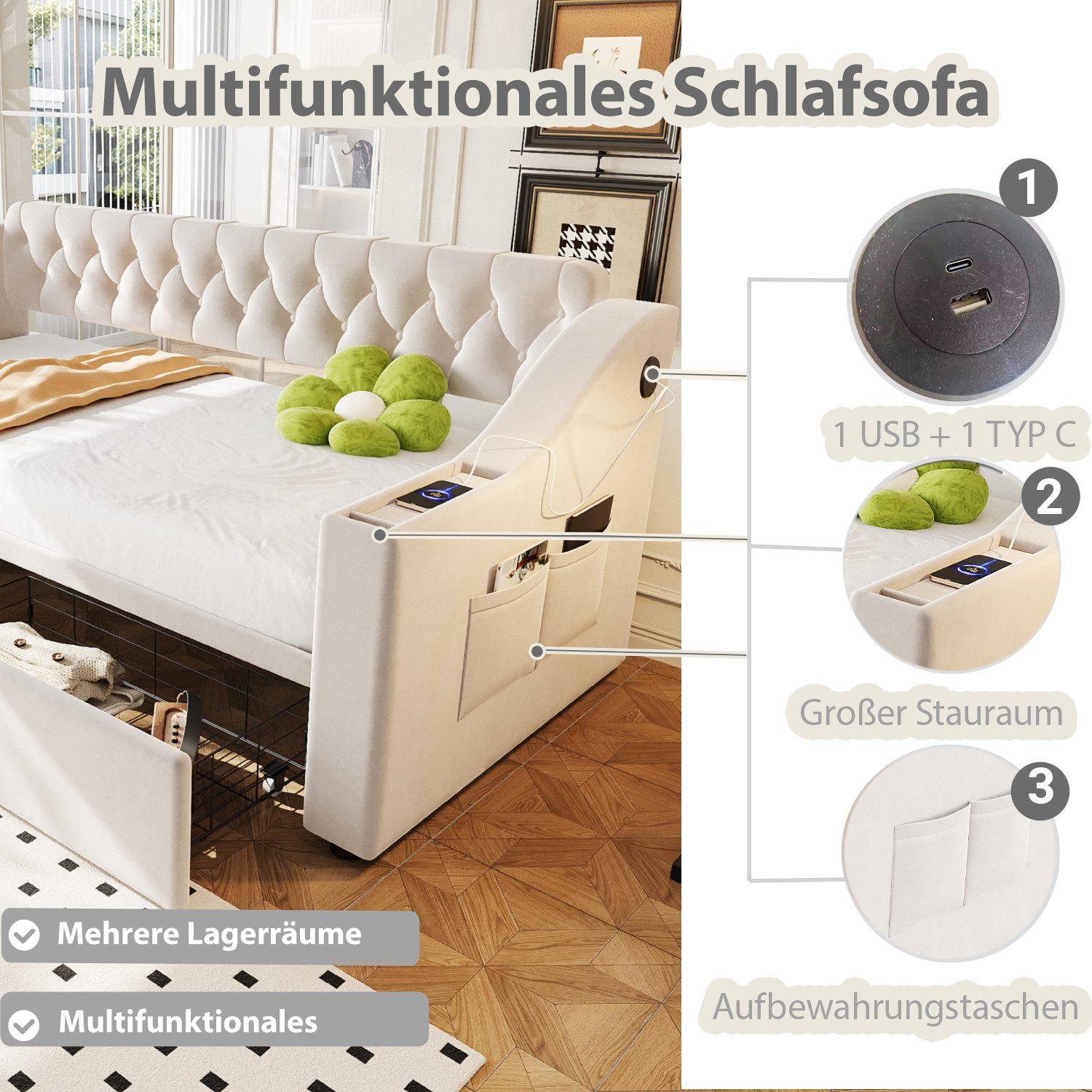 Celya Polsterbett Schlafsofa mit USB und Stauraum (90 x190 cm, mit 2 Schubladen, Integrierte Ablage in den Armlehnen, Mit Ablagetaschen, Samtstoff) – Bild 3 von 5