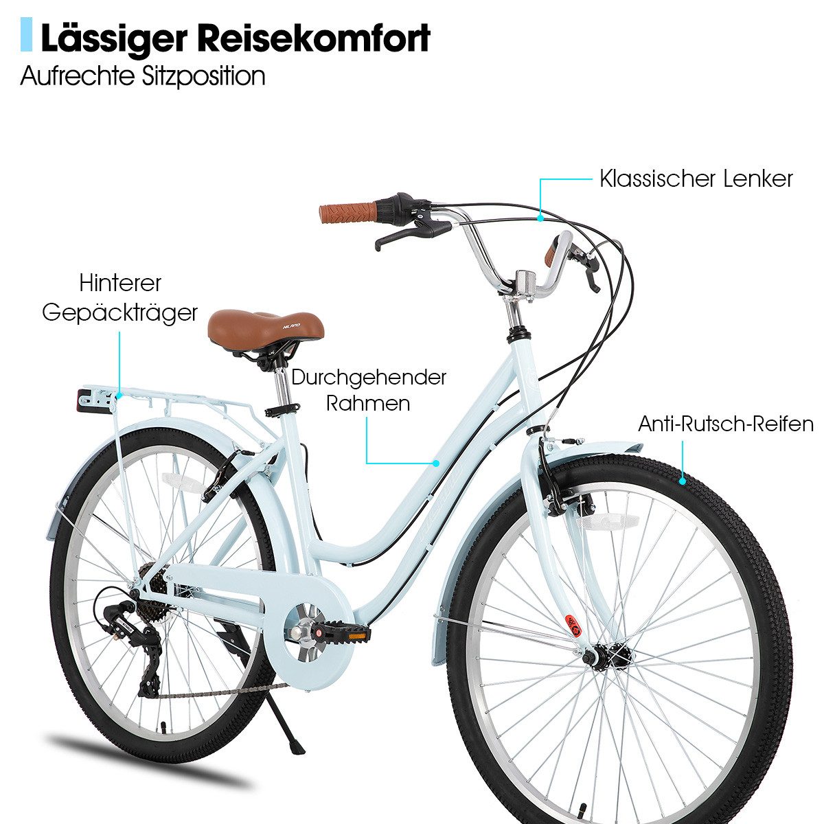 HILAND Cityrad Unisex Citybike 26", 7-Gang, V-Bremse, passend für 165–182cm, Step-Through Rahmen mit Gepäckträger und Korb,7 Gang