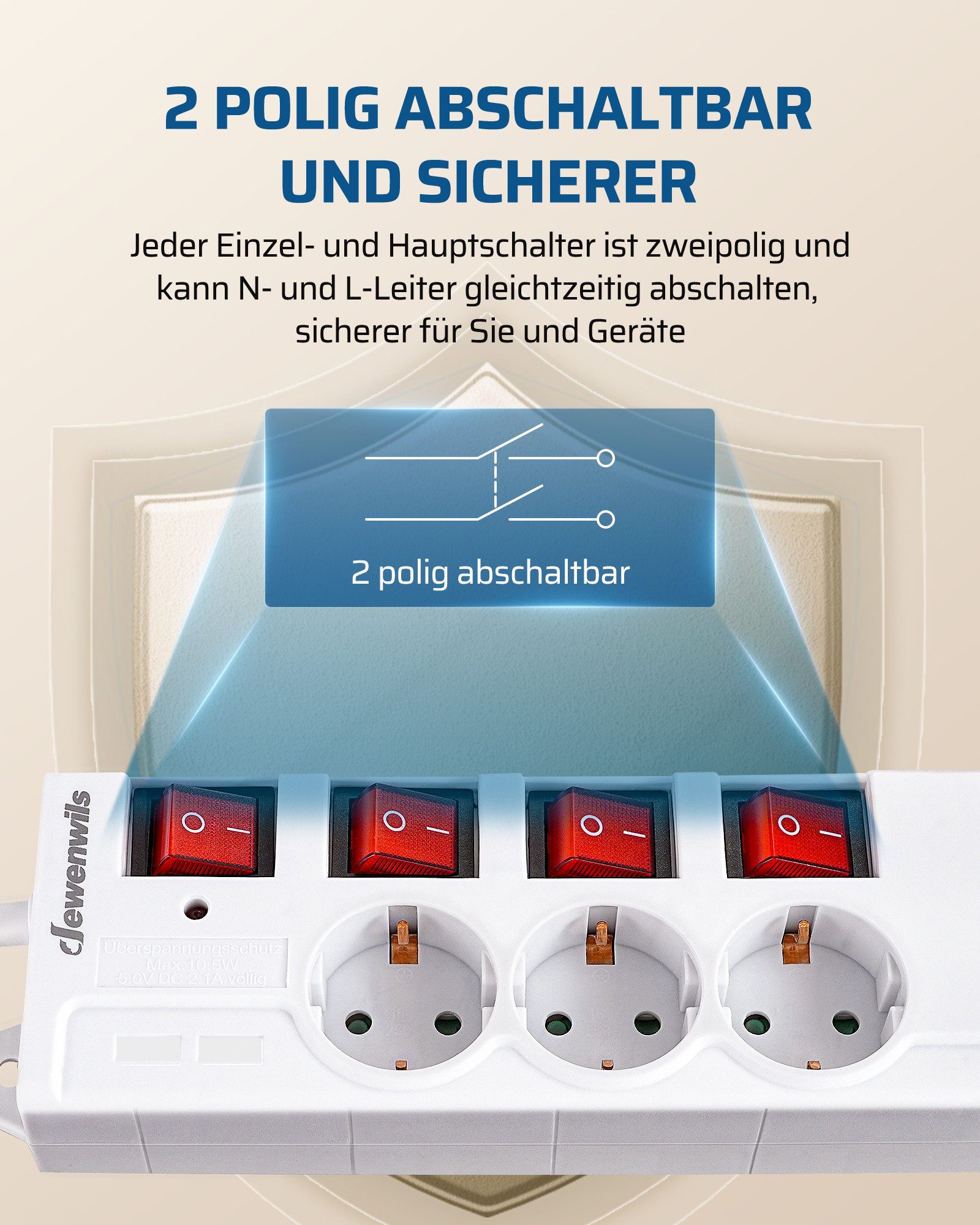 DEWENWILS Steckdosenleiste 6-fach (einzeln schaltbar, Überspannungsschutz 250J, Kindersicherung, Kabellänge 2 m), Mehrfachsteckdose