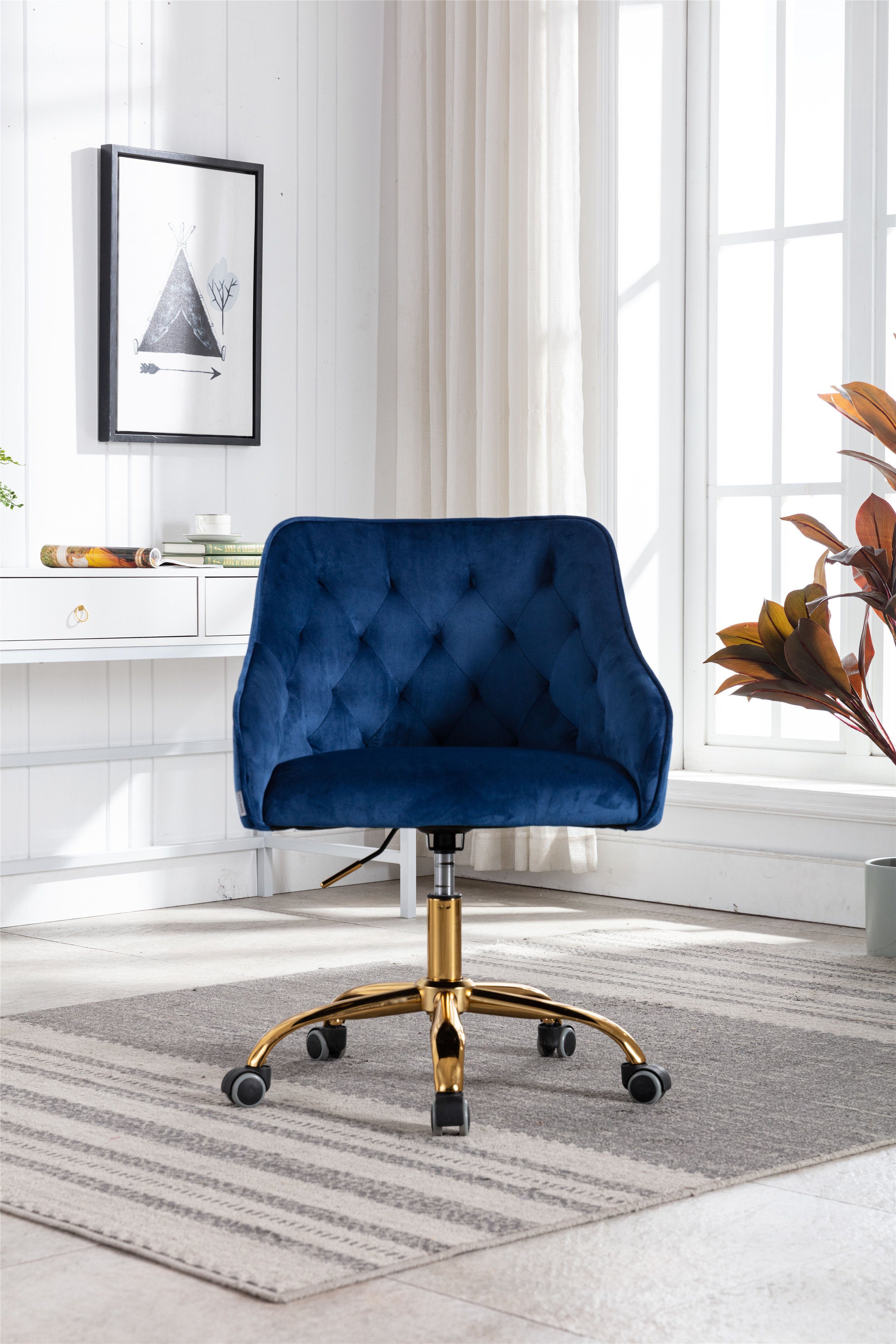 WISHDOR Stuhl Samt Bürostuhl, Schminkstuhl, 360° drehbar (Hübscher schicker Stuhl, goldener Bürostuhl), Goldener Bürostuhl blau