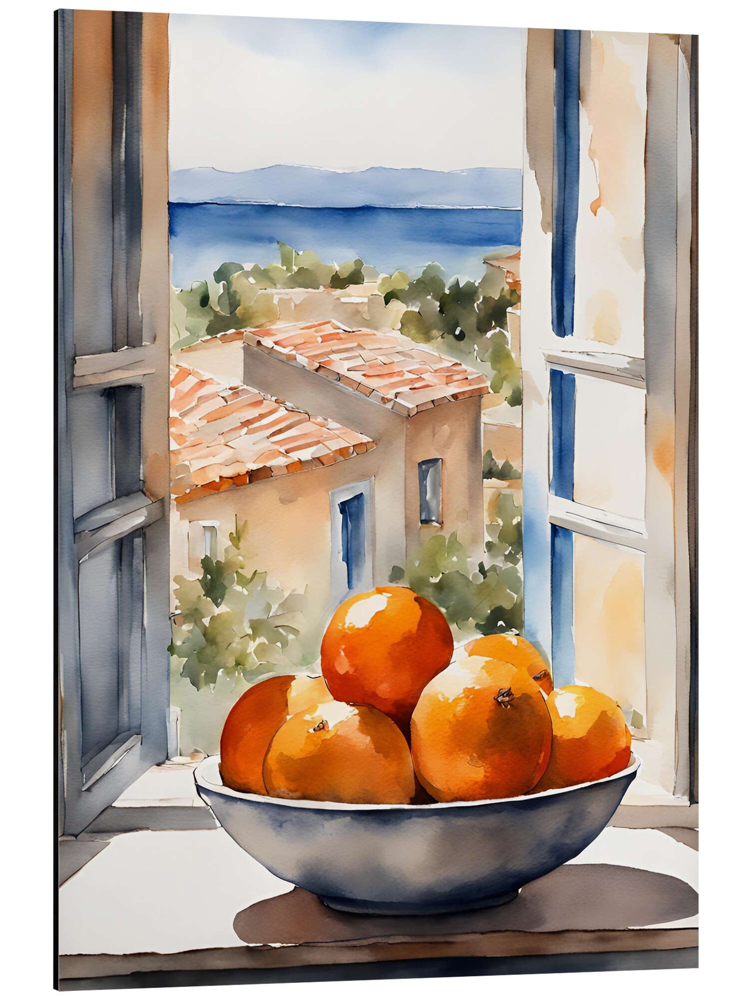 Posterlounge Alu-Dibond-Druck Ohkimiko, Orangen in Schale mit mediterraner Aussicht, Mediterran Malerei