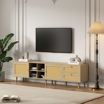 MODFU TV-Schrank Lowboard Fernsehtisch Landhaus (2 Rattan-Türen, 2 Rattan-Schubladen) aus Holz und Rattan, 180*40*55 cm, passend für 80 Zoll TV-Gerät