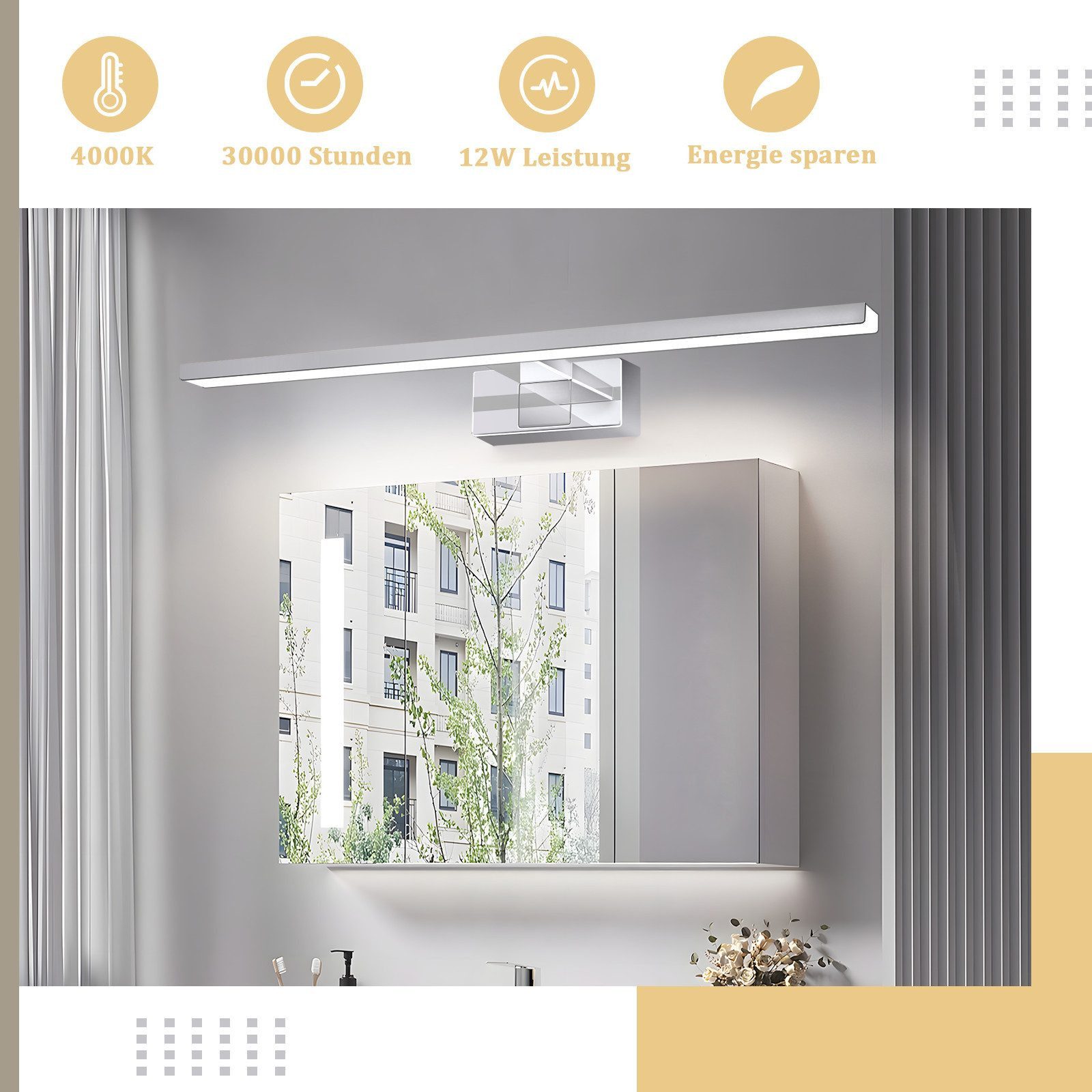 Nettlife LED Spiegelleuchte Bad Spiegellampe Badleuchte Wand 40CM, LED fest integriert, Neutralweiß – Bild 3 von 5