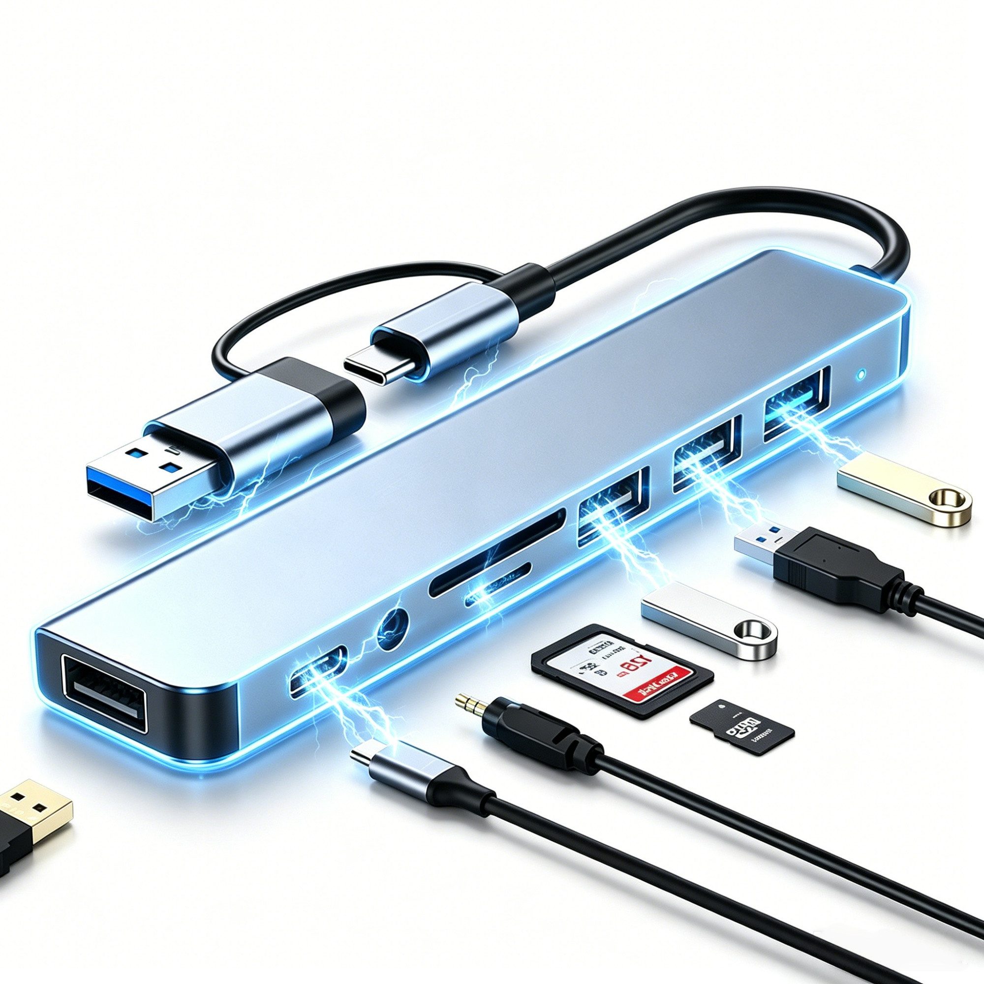 ibettertec USB C Hub, 8 in 1 USB Hub USB-Adapter 3.0 Multiport Adapter mit 1*USB 3.0 mit 5 Gbit/s zu 3*USB 2.0, 1*USB-C, 3.5mm Audio, SD/TF Kartenleser, USB C Splitter Aluminium für MacBook/Surface/XPS/PC/Laptops/Tablet etc