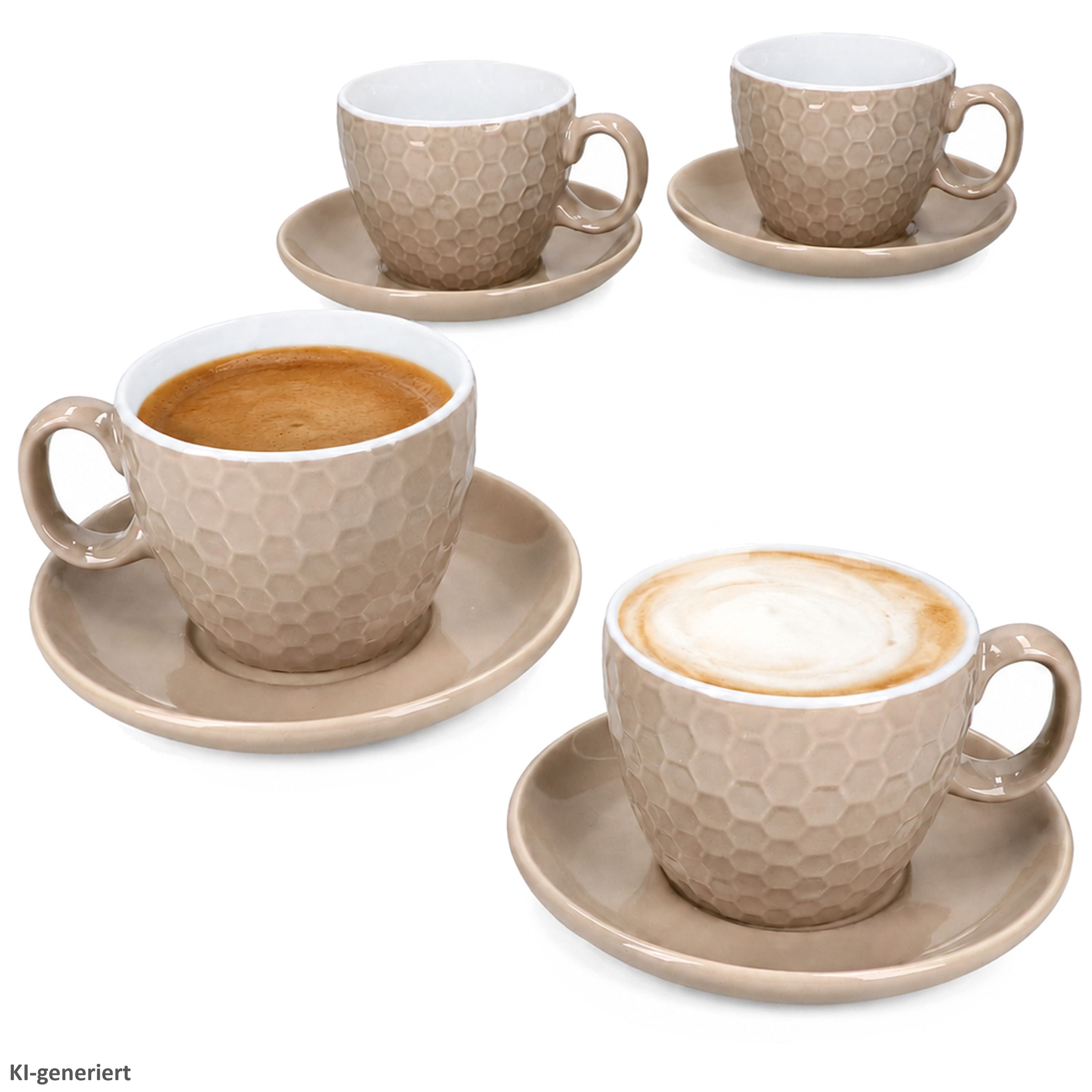 MamboCat Tasse 4er Set Hexa Kaffeetassen mit Untertassen Beige Keramik Relief, Keramik