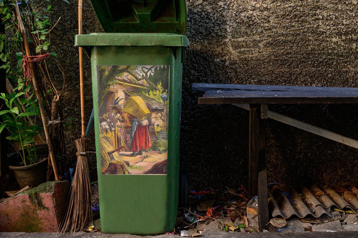 MuchoWow Wandsticker Illustration Mülleimer-aufkleber, Sticker, und (1 Wolfs St), Container, der des Mülltonne, Ziegen Abfalbehälter sieben
