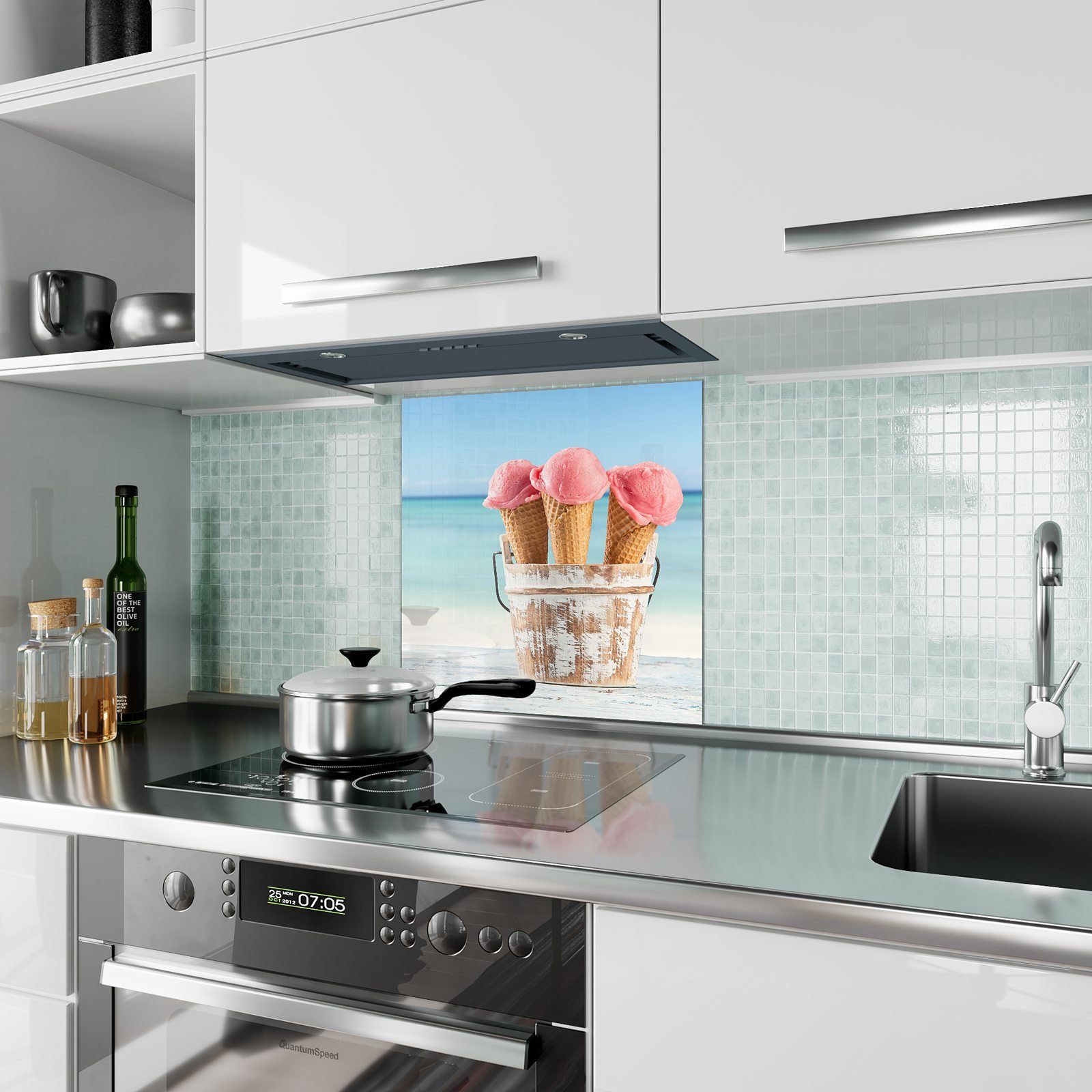 mit Primedeco Küchenrückwand tropischen Motiv Glas am Küchenrückwand Eis Spritzschutz Strand