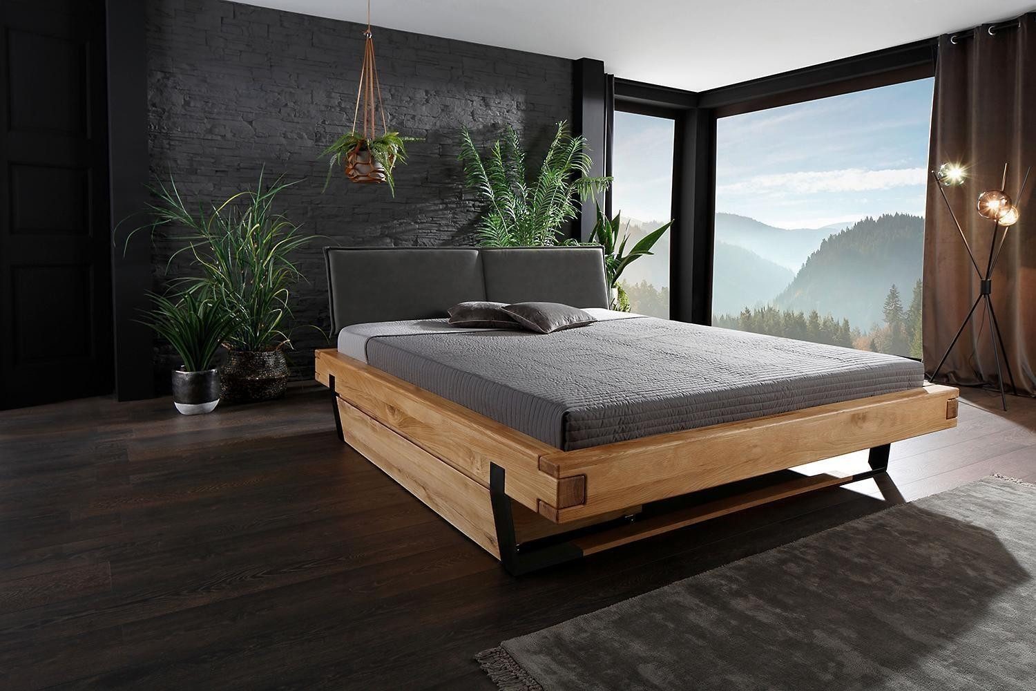 G+K Möbelvertriebs GmbH Bettgestell BE-0520, 180 x 200 cm, Braun, Schwarz, Wildeichenholz massiv, Kufenteilgestell aus Metall