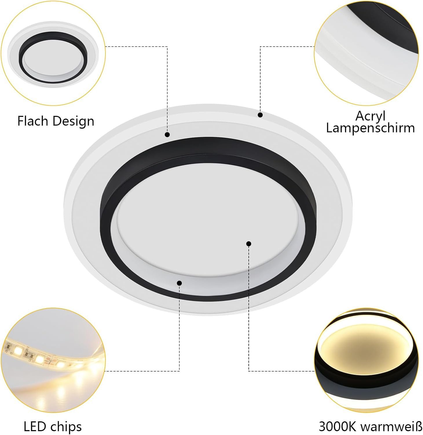ZMH LED Deckenleuchte Modern Schwarz Weiß Design Acryl Wohnzimmerlampe, LED fest integriert, Warmweiß