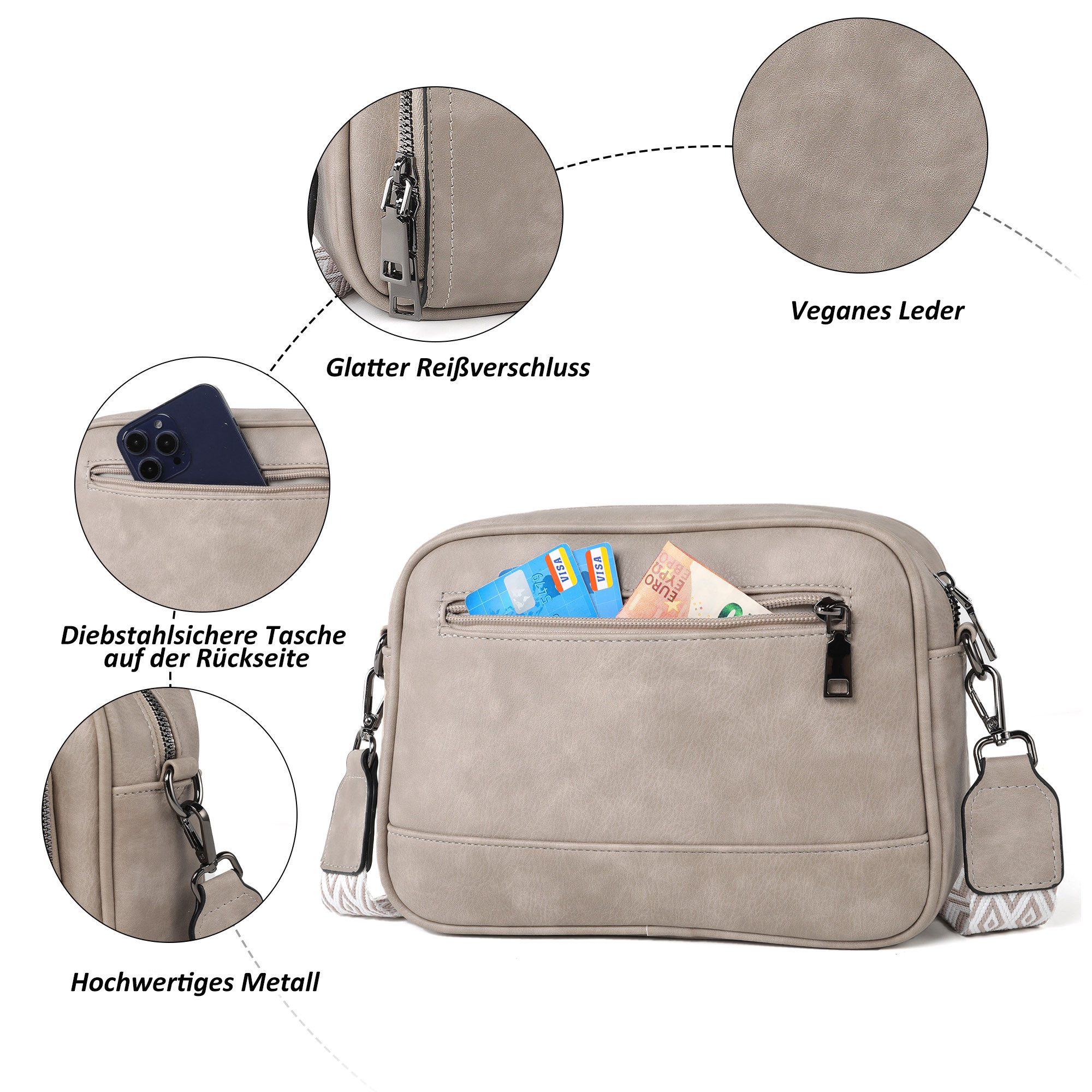 TAN.TOMI Umhängetasche Handtasche Damen mittelgroß tasche mit Verstelbaar Schultergurt, Fronttasche mit mehreren Fächern Weich Breiter Gurt